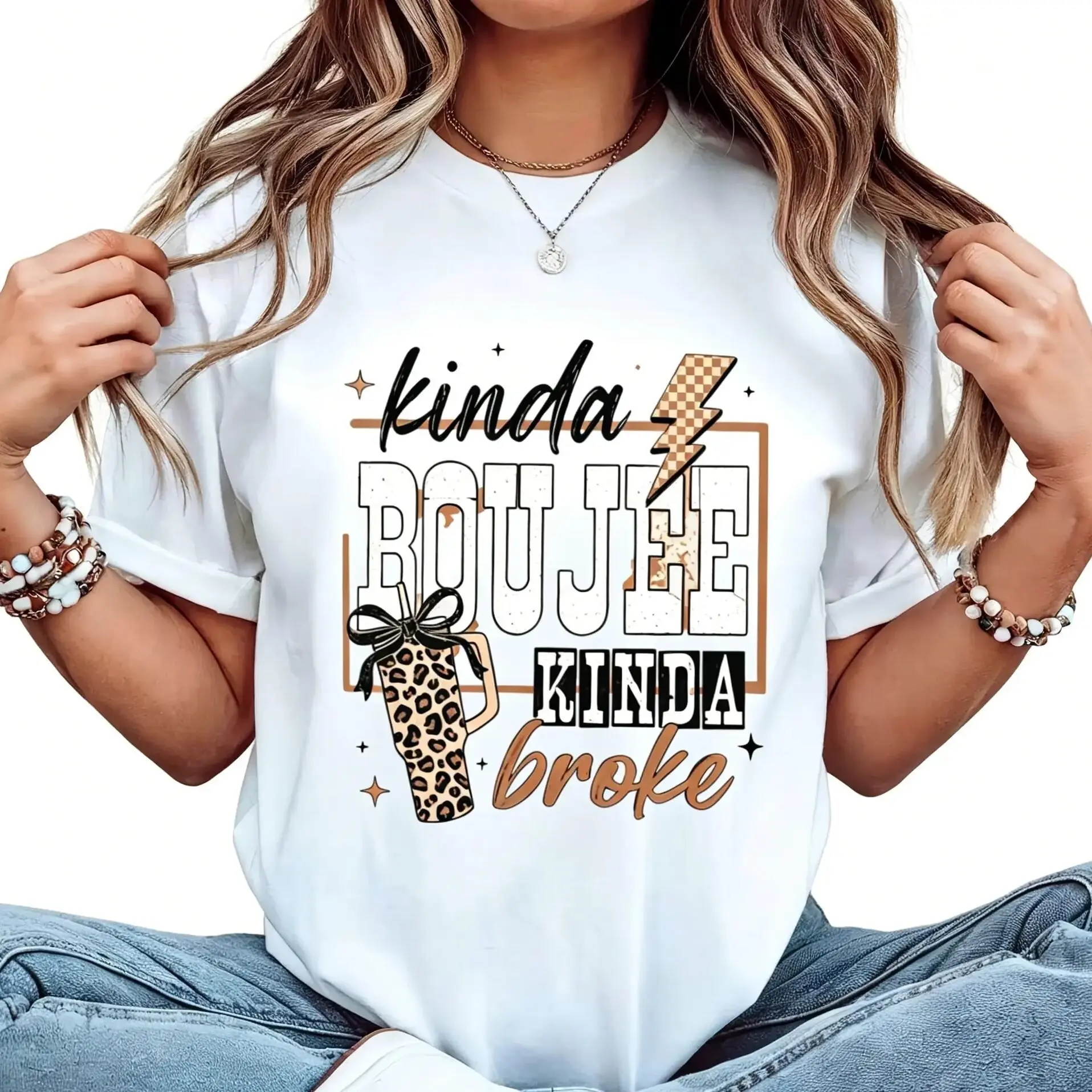 Leopard Print Kinda Boujee Kinda Broke Tee, Casual Festive Everyday Outfit T-Shirt