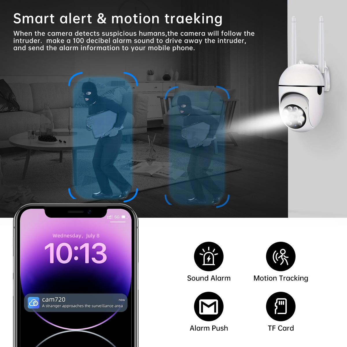 【JOOAN 2.4G WiFi 1080P FHD Home Smart Security Camera】BT/WiFi Connection, USB Cable Included, Plug-in Power Required (Not Included), Color Night Vision, Motion Detection, 360° PTZ Panorama, Two-Way Audio, Siren Alarm, SD/Cloud Storage (Optional)