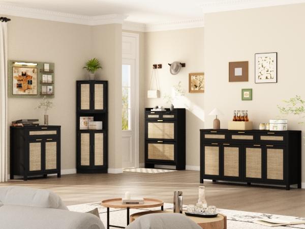 PieDle Furniture Tall Bohemian Rattan Corner Storage Cabinet - 4 Doors, 5 Shelves, 64.7" Height, Ideal for Living Room, Kitchen, Bathroom & Office Organization