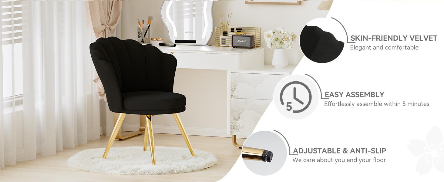 Velvet Accent Chair with Gold Metal Legs, Vanity Chair for Makeup Room, Upholstered Guest Chair for Living Room, for Bedroom, Black