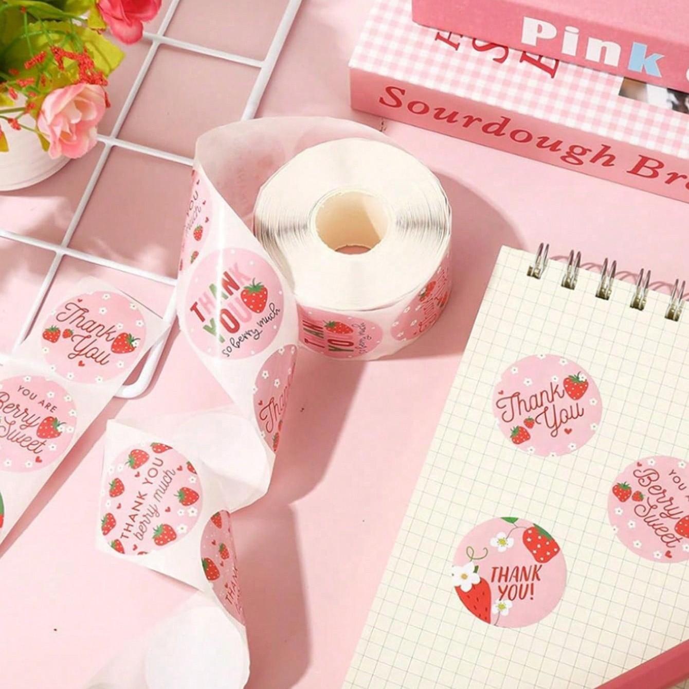 500 Sheets Strawberry Thank You Stickers, Non-Stick Seal Stickers, Fruit Decorative Stickers, Ideal for Birthday Gifts, Party Cakes, Back-To-School Season