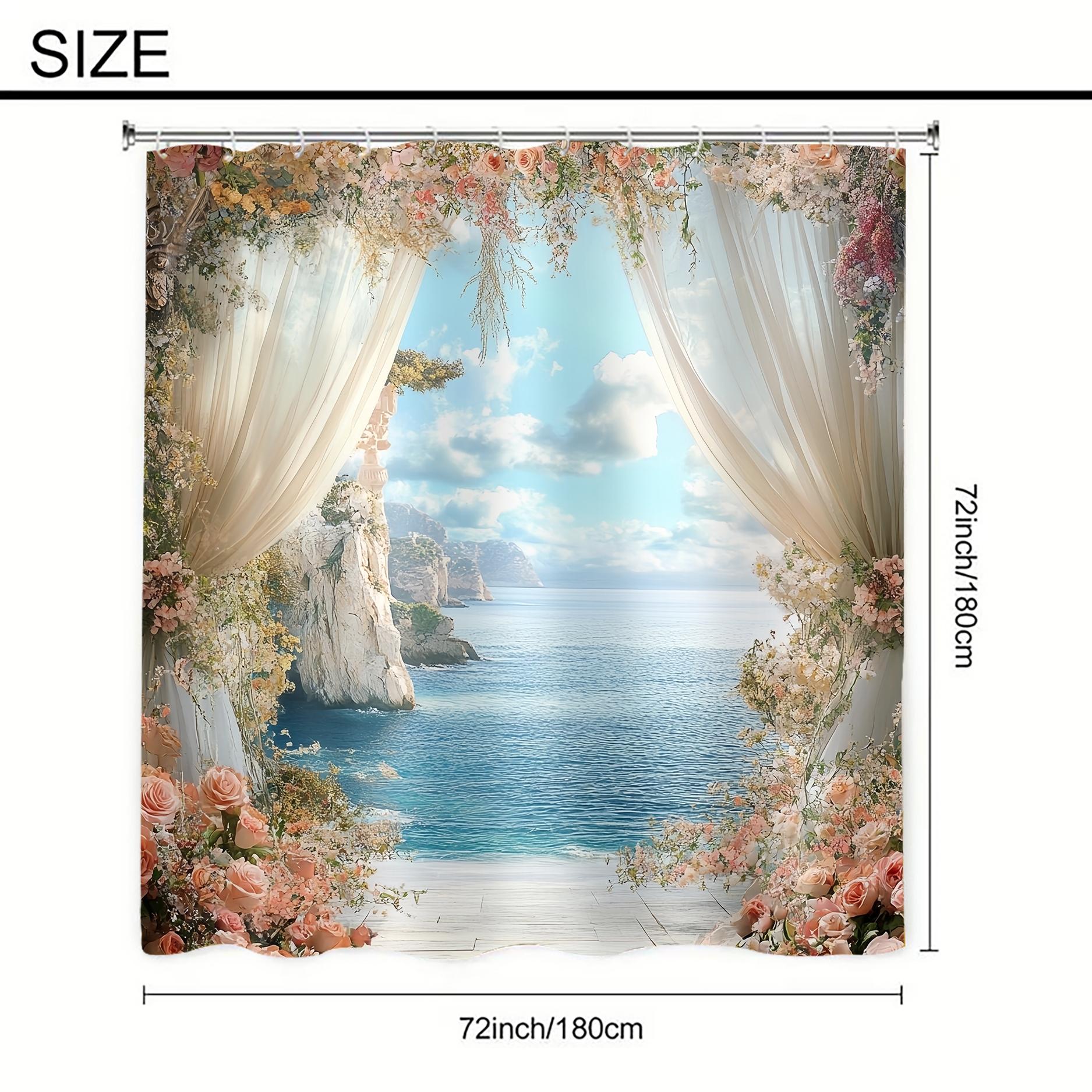 Romantic Sea View Pattern Bathroom Decorations, Including Shower Curtain & Toilet Lid Cover & U-shape Mat & Rectangle Mat, Bathroom Accessories for Home Decor