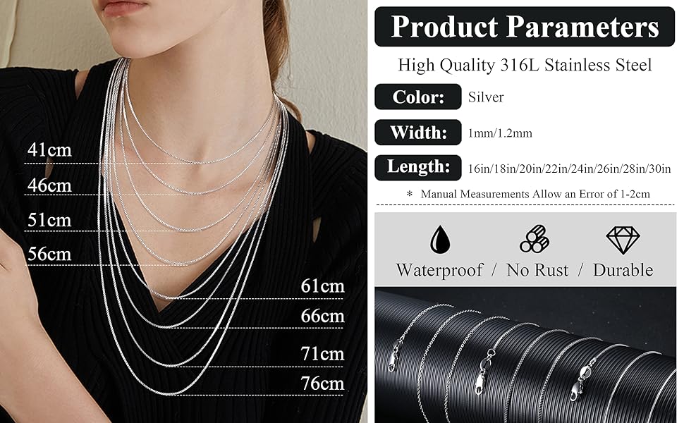 3pcs Stainless Steel Necklace Chain for Women Men, 1mm Thin Dainty Silver Color Chain, Sturdy Long Lobster Clasp, All Seasons Jewelry