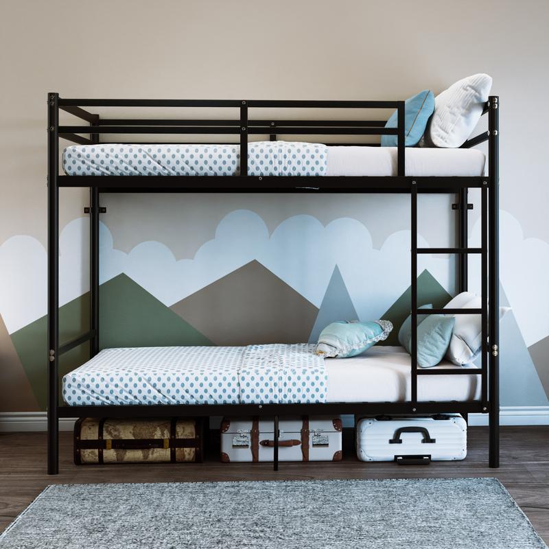 Heavy Duty Iron Frame Metal Bunk Bed - Single Size, 2 Bunks, 14.29-in High Rail, 19 Crossbars Per Unit, 400+ Lbs Per Unit Support, Under-Bed Storage, Black, Modern Home Decor, Requires Assembly (Suitable for Teenagers/Adults), 400Lb
