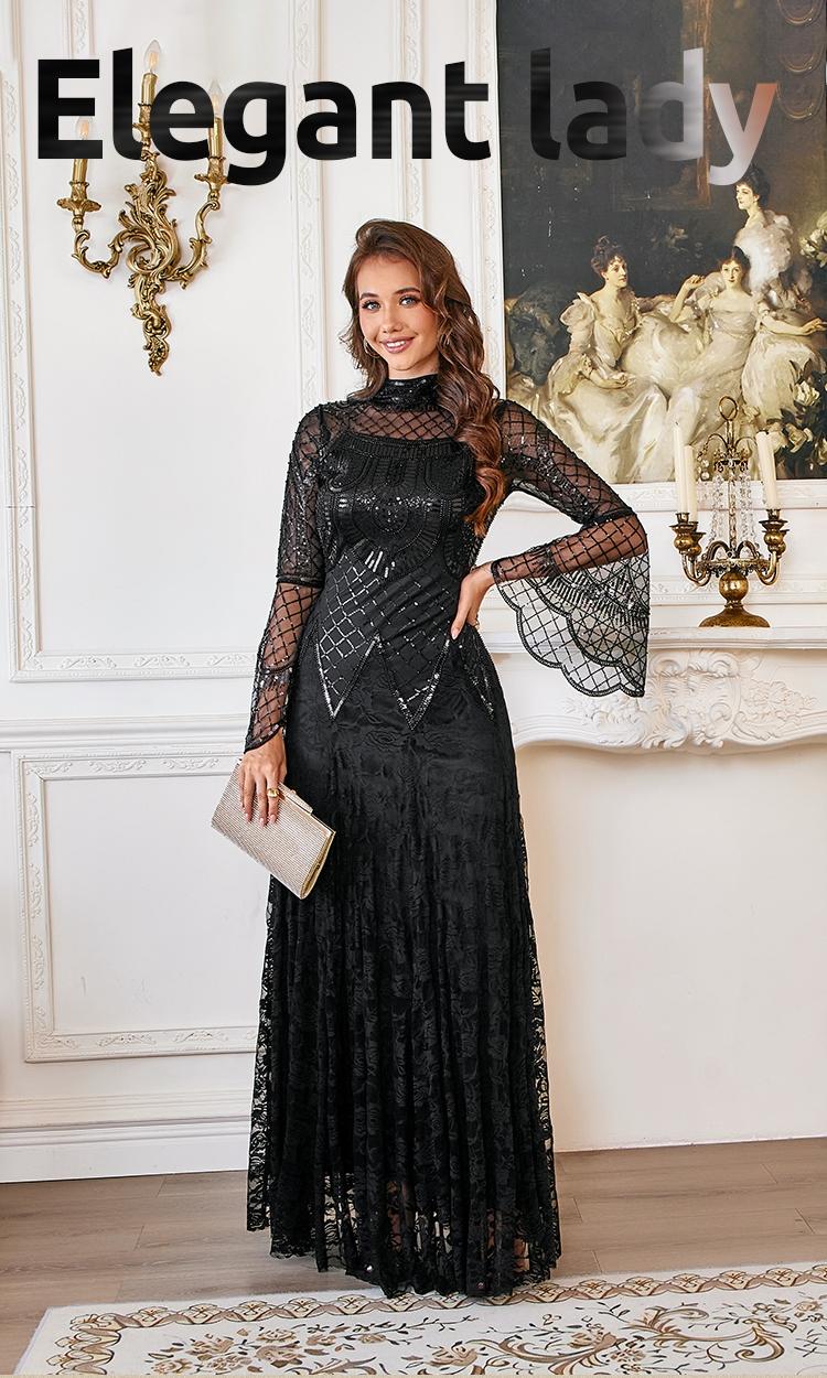 Celesmeety Spring 2026 Women's Floral Slim Fit Long Dress, Elegant Mesh Long Sleeve Formal Wear Wedding Guest Evening Gown, Fashionable and Comfortable