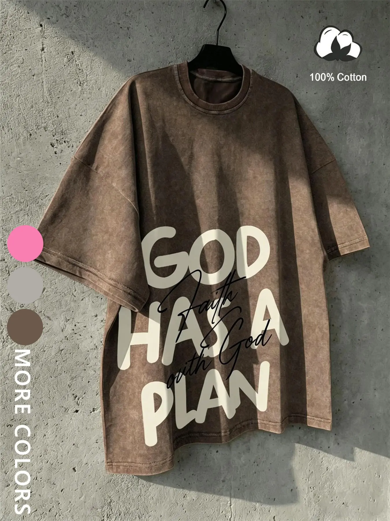 Unisex Vintage Christian Streetwear Tee, Summer "God has a plan" religious slogan print distressed washed 100% cotton 230g heavyweight short-sleeved T-shirt, perfect for casual street wear, men's gifts, couple outfits
