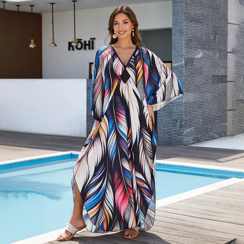 Bsubseach Women Ethnic Print Kaftan Beach Dress Plus Size Swimsuit Cover Up