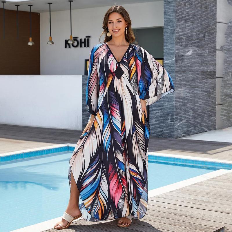 Bsubseach Women Ethnic Print Kaftan Beach Dress Plus Size Swimsuit Cover Up