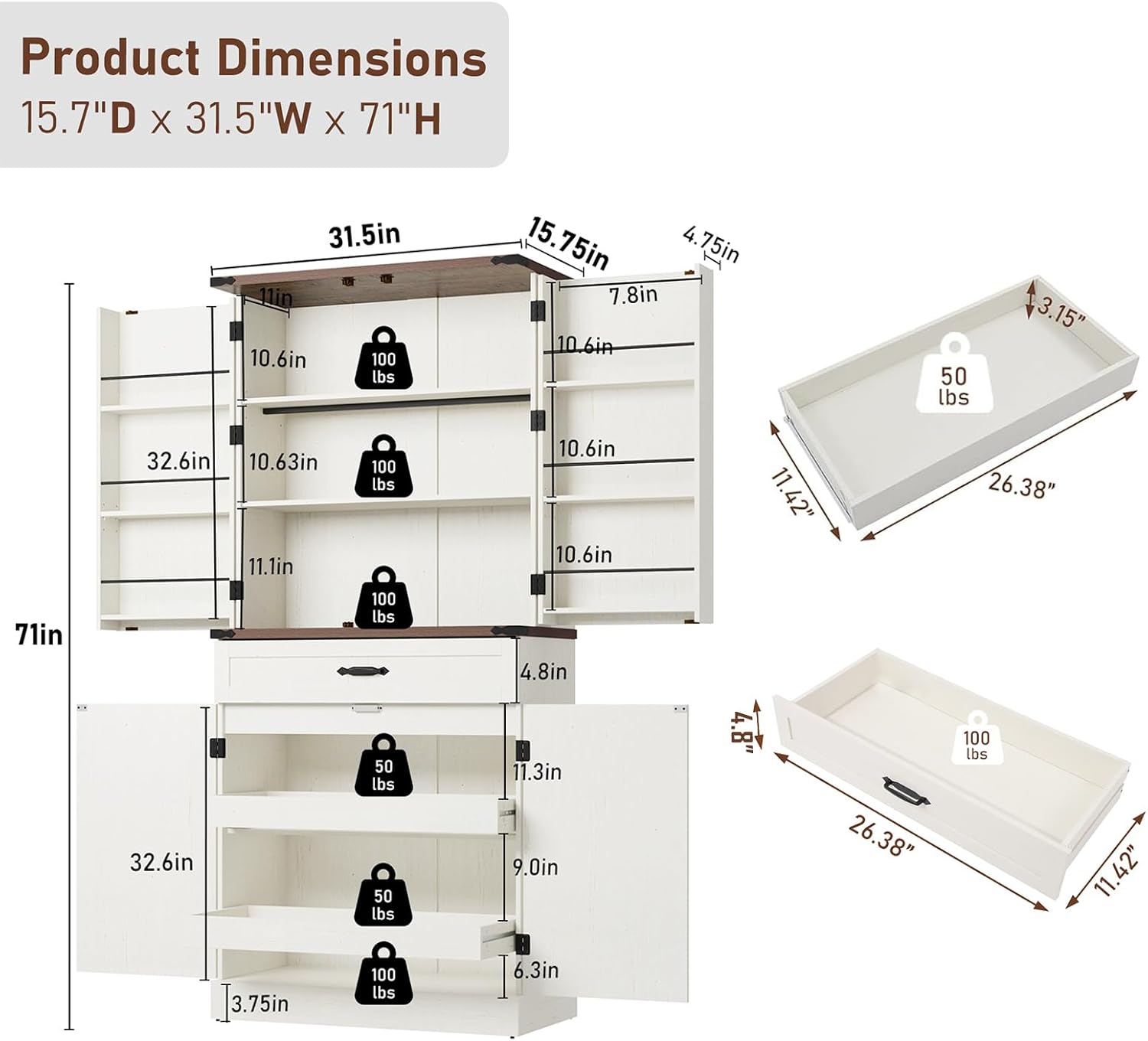 71" Tall Kitchen Pantry Cabinet with 3 Drawers, Farmhouse Storage Cabinet with 6 Barn Door Shelves,with Load-Bearing Steel Pipe and Adjustable Shelves,Pantry Organizer for Kitchen,Living Room(White/Brown)