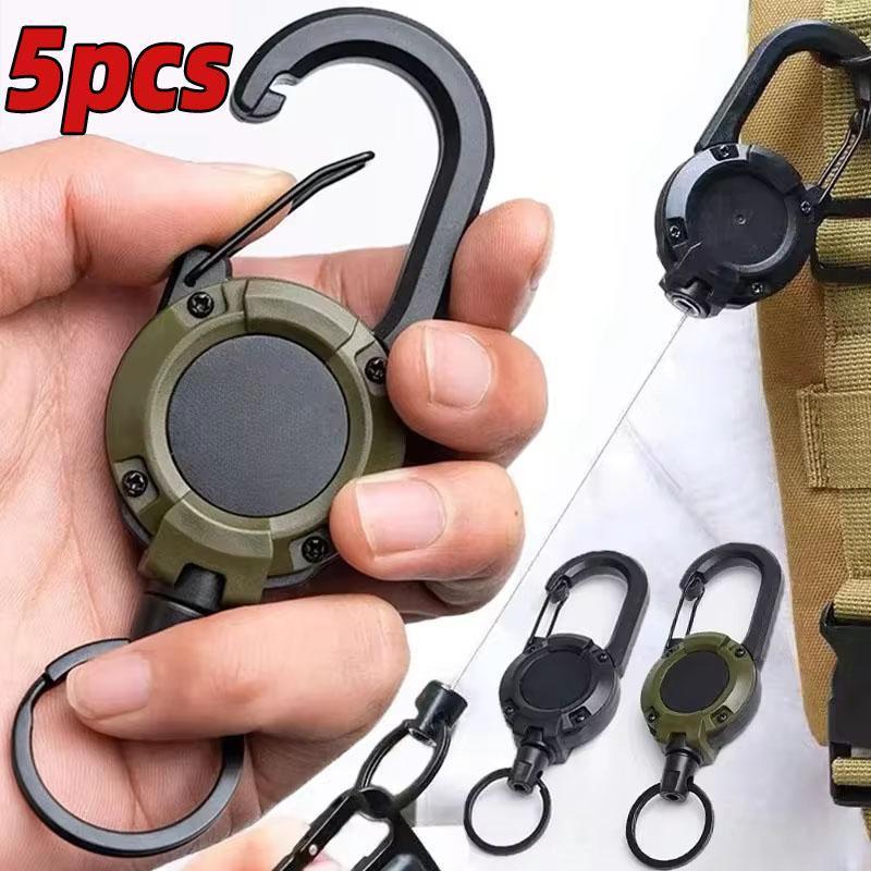 5-Pack Retractable Badge Holder with 60cm Steel Cable, Heavy-Duty Plastic Body and Aluminum Carabiner Keychain for Hiking, Fishing, and EDC, Sturdy, Fishing Gear, Snap Lock, Compact