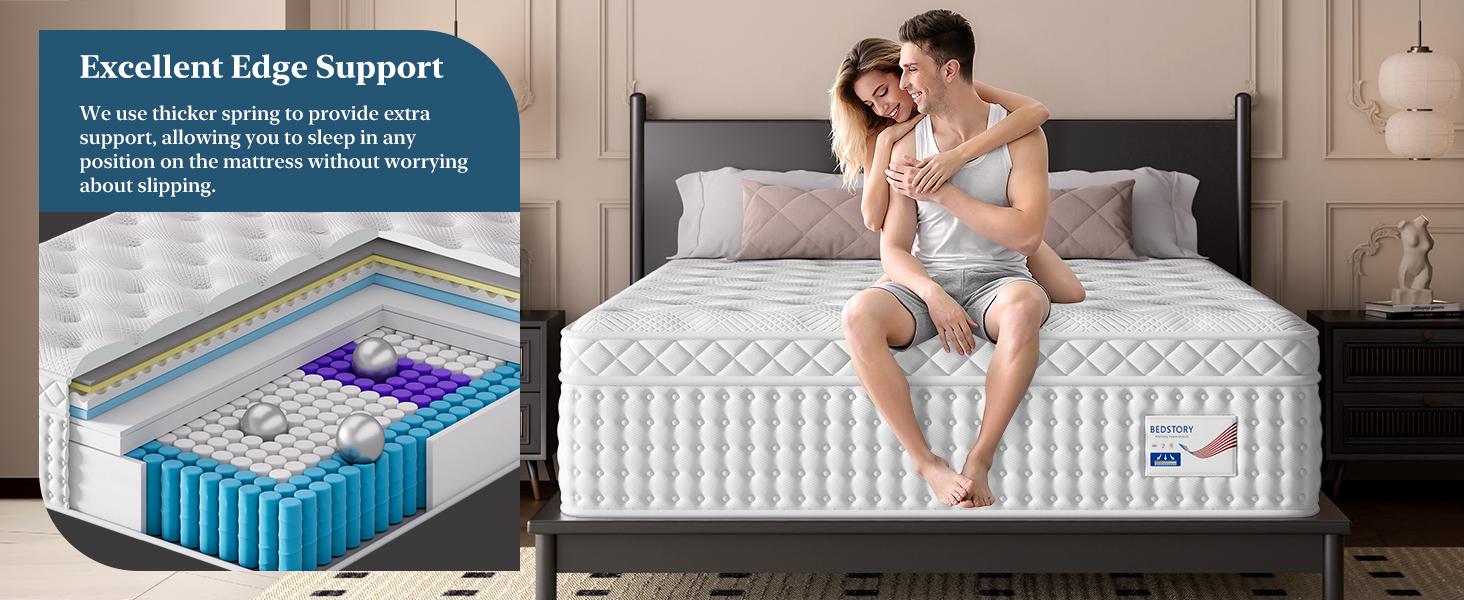 BedStory 14 Inch Queen King Mattress - Extra Lumbar Support - Medium Firm Memory Foam Hybrid Mattress with Pocket Springs, Fiberglass Free
