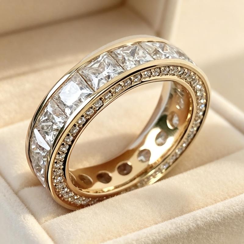 Women's Princess-Cut Rhinestone Full-Eternity Wide Band Ring - Double-Row Pave-Border Channel-Set, Versatile Ins Style Glamorous Ring for Valentine's Day, Dating, Anniversary Party Gift