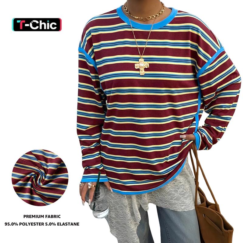 Tankaneo Women's Oversized Round Neck Striped Long Sleeve Knit Tee - Contrast Trim, Loose Fit, Stretch Polyester Blend Knitwear, Machine Washable Vintage Basic Top
