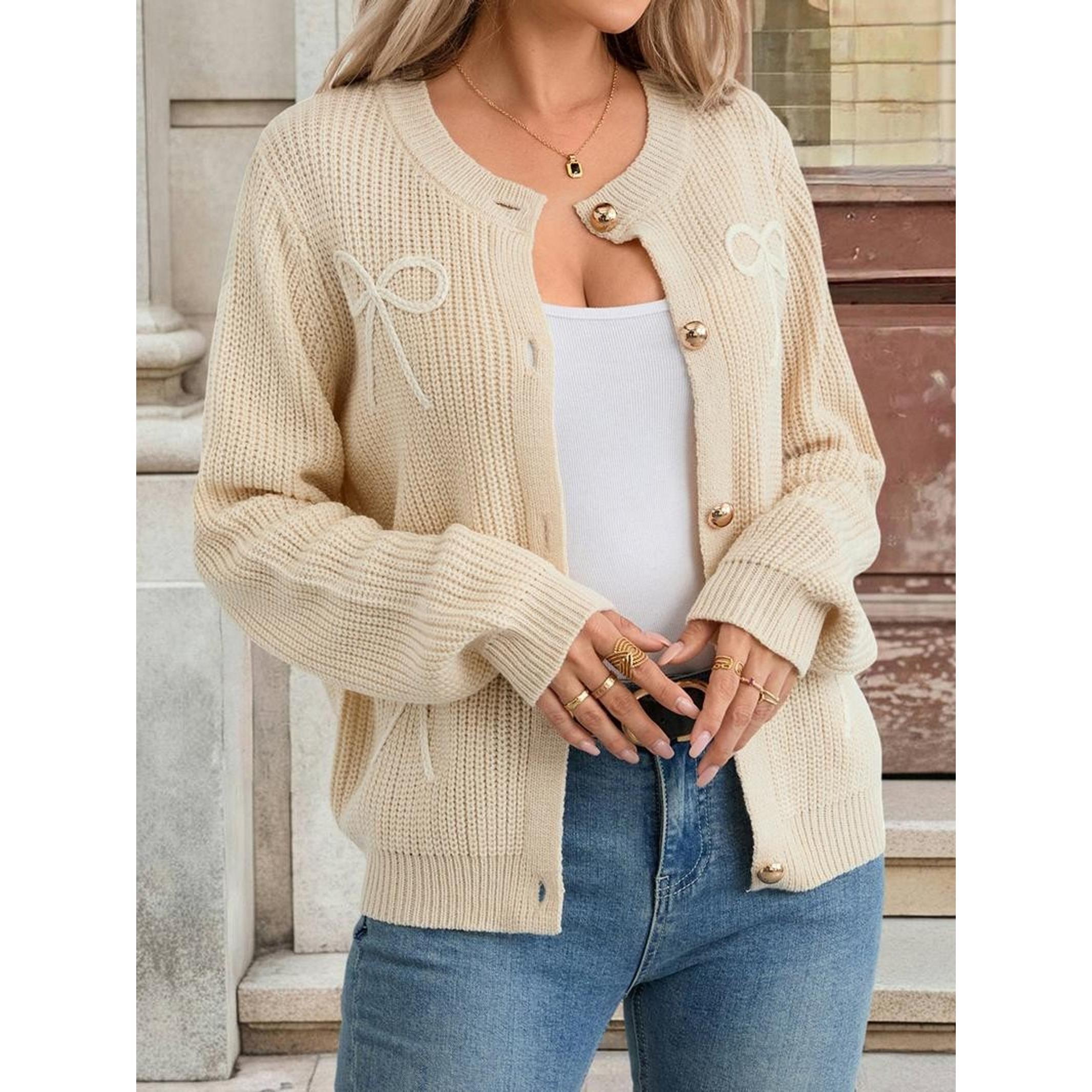 Elegant Bow Embroidery Round Neck Single Button Cardigan Sweater for Women, High-Quality Versatile Knitwear, Perfect for Export