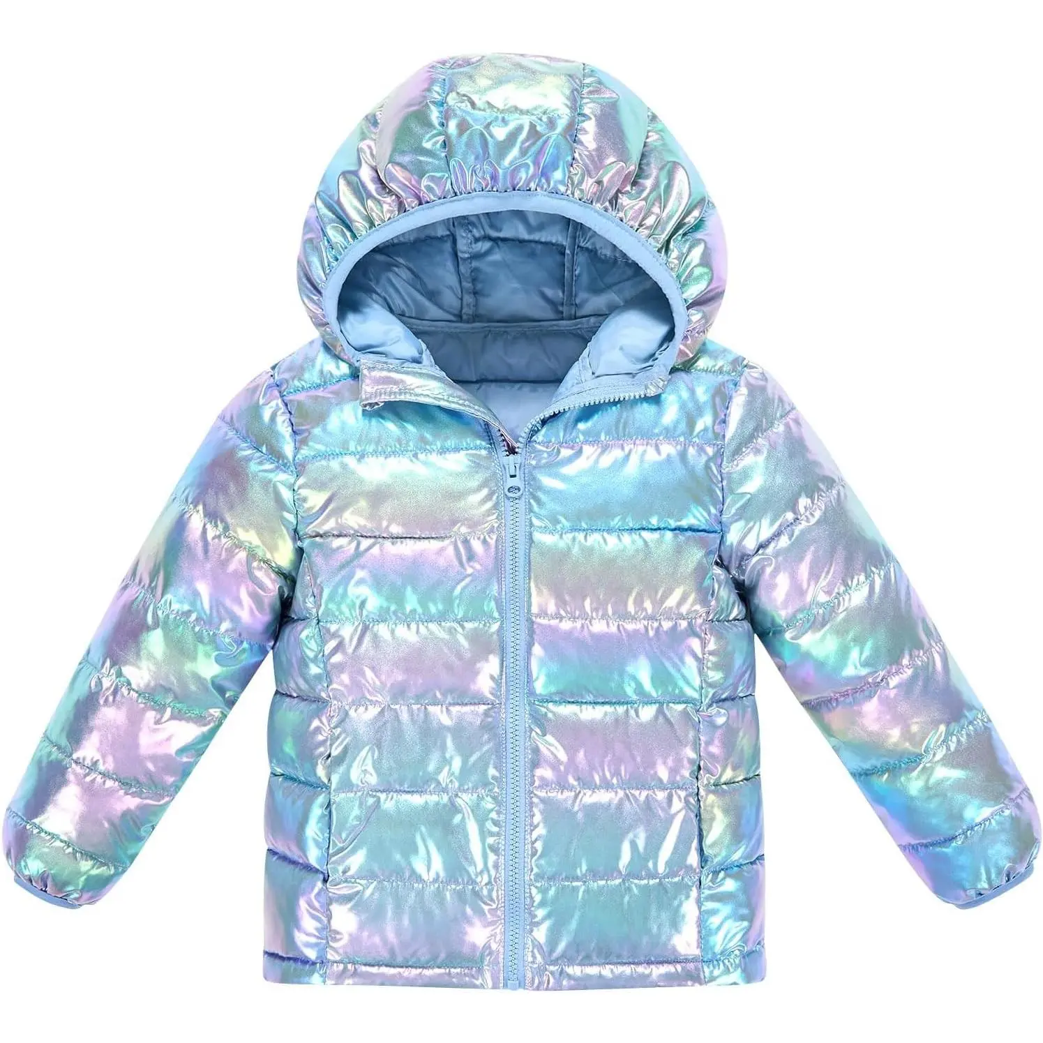 Girls Winter Coat Shiny Gradient Lightweight Puffer Jacket 4-12Y | Down-Alternative, Windproof, Water-Resistant, Hooded, Durable Zipper, Girl Warm Winter Jacket for School Daily Outdoor Travel