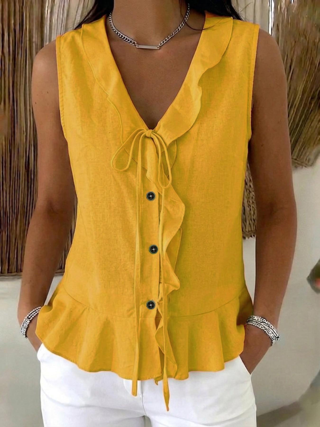 Women's V-Neck Ruffle Tie Sleeveless Top Aesthetic Casual Comfortable Daily Wear, 8 Colors Available