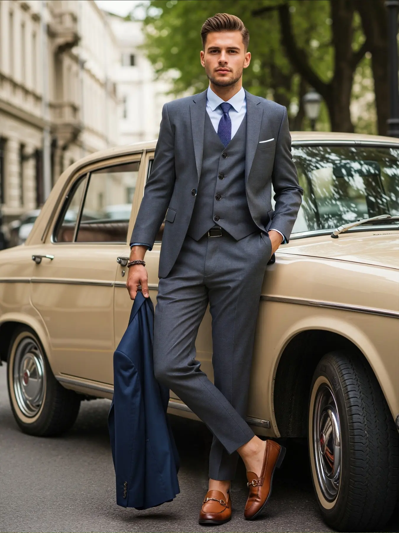Men's Fashion Blazer Three-Piece Set, Plain Color Slim-Fit Formal Business Wedding Suit, Elegant Tailcoat Jacket Vest Pants for Groomsman
