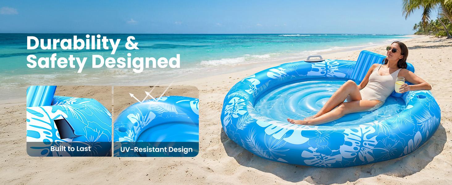 DSQUU XL-Inflatable Tanning Pool Lounger Float with Sprinkler, 72"x65" Round Pool Float Adults with Pillow XL Cup Holder Handle Blow Up Tanning Bed for Summer Sunbathing Water Lounge Party Gifts, Blue