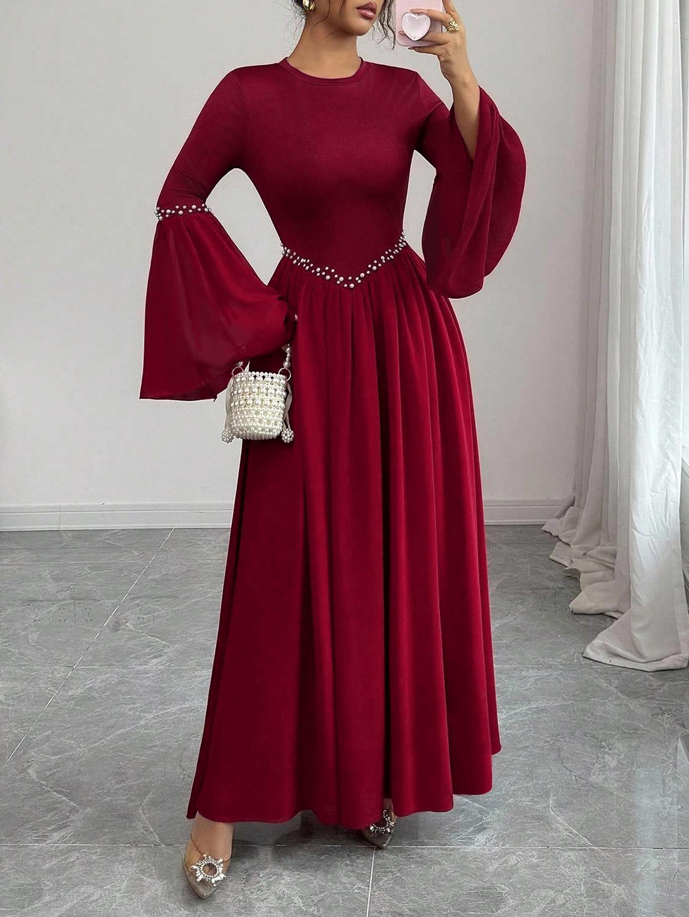 Elegant Women's Long Sleeve Bell Sleeve Maxi Dress, Pearl Round Neck Waist  Cinching Flared Hem, Stylish and Slimming Fashion, Long Sleeve Dresses -  TikTok Shop
