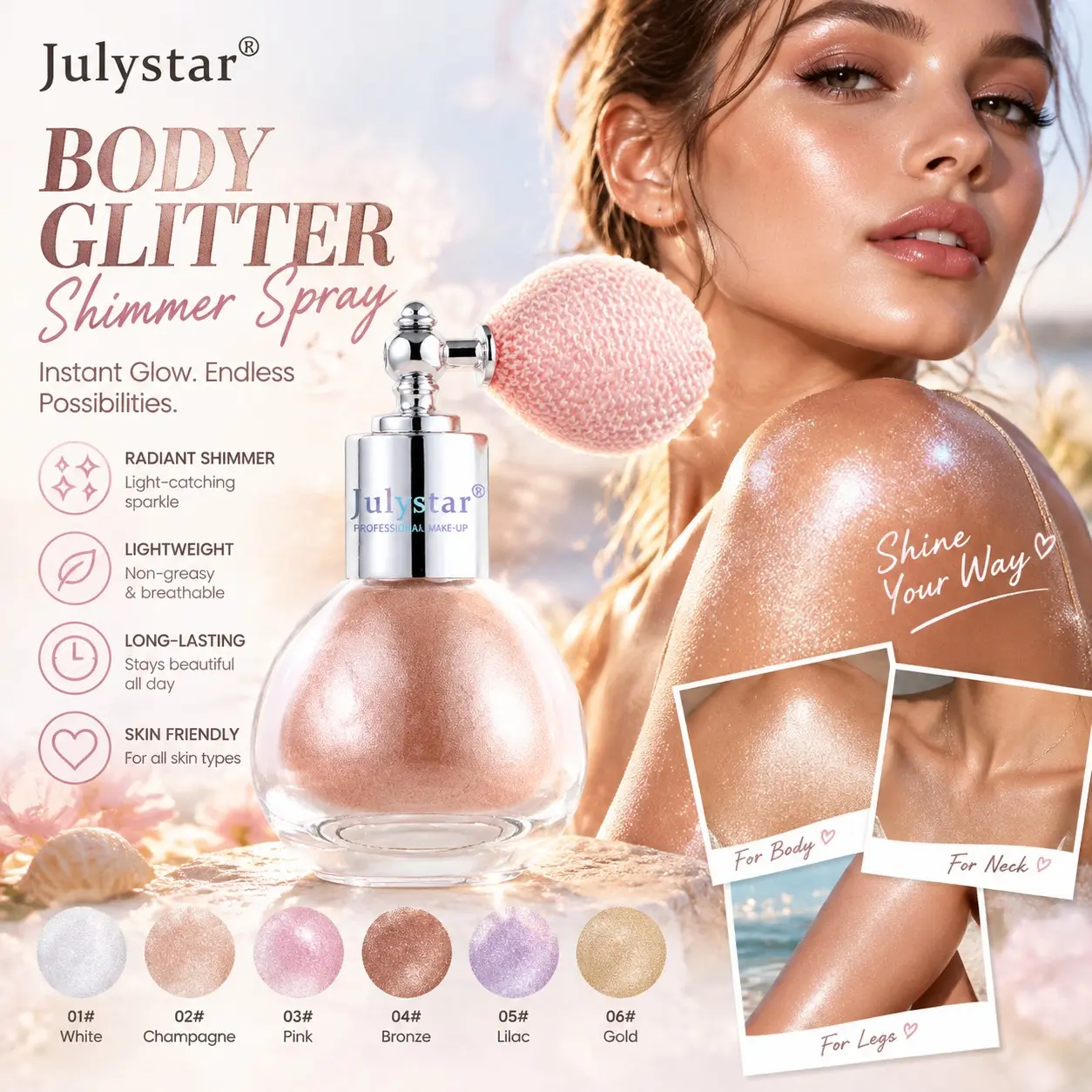 Julystar Body Glitter Spray, Body Highlighter, Transparent Glass Bottle, Pump, 6 Colors, Long-Lasting, Perfect for Parties, Festivals, Stage Makeup