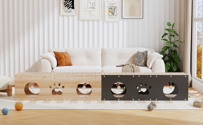 IRONCK 39" Long Large Wooden Cat House & Scratcher with Ball Toy | 2-in-1 Pet Furniture for Indoor Cats, Durable Cat Bed & Playhouse