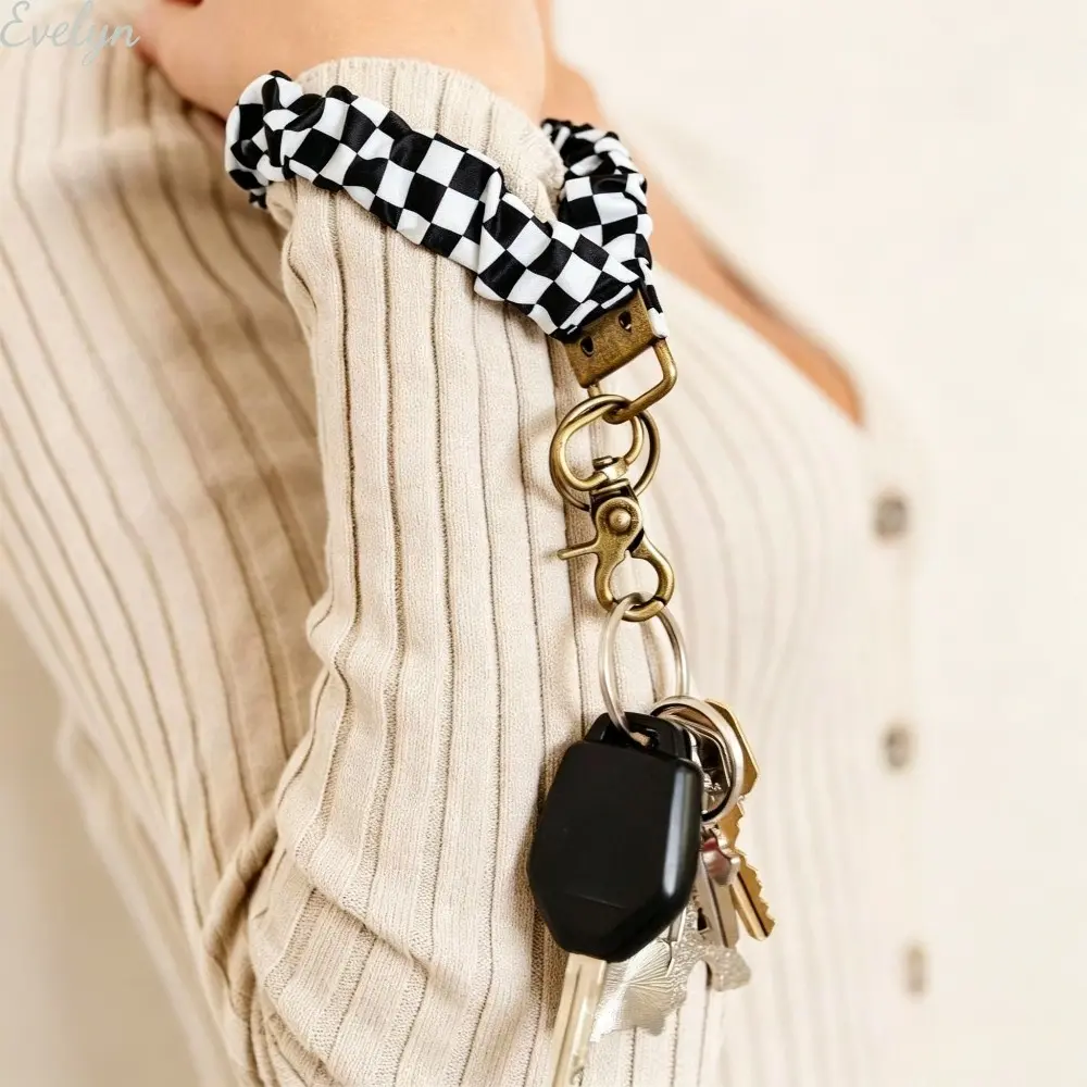 Women's Scrunchie Wristlet Keychain with Elastic Bands - Daily Wear Car Key Lanyard, Checkered/Daisy/Striped Printed Charm, Secure Clip & Bag Accessory