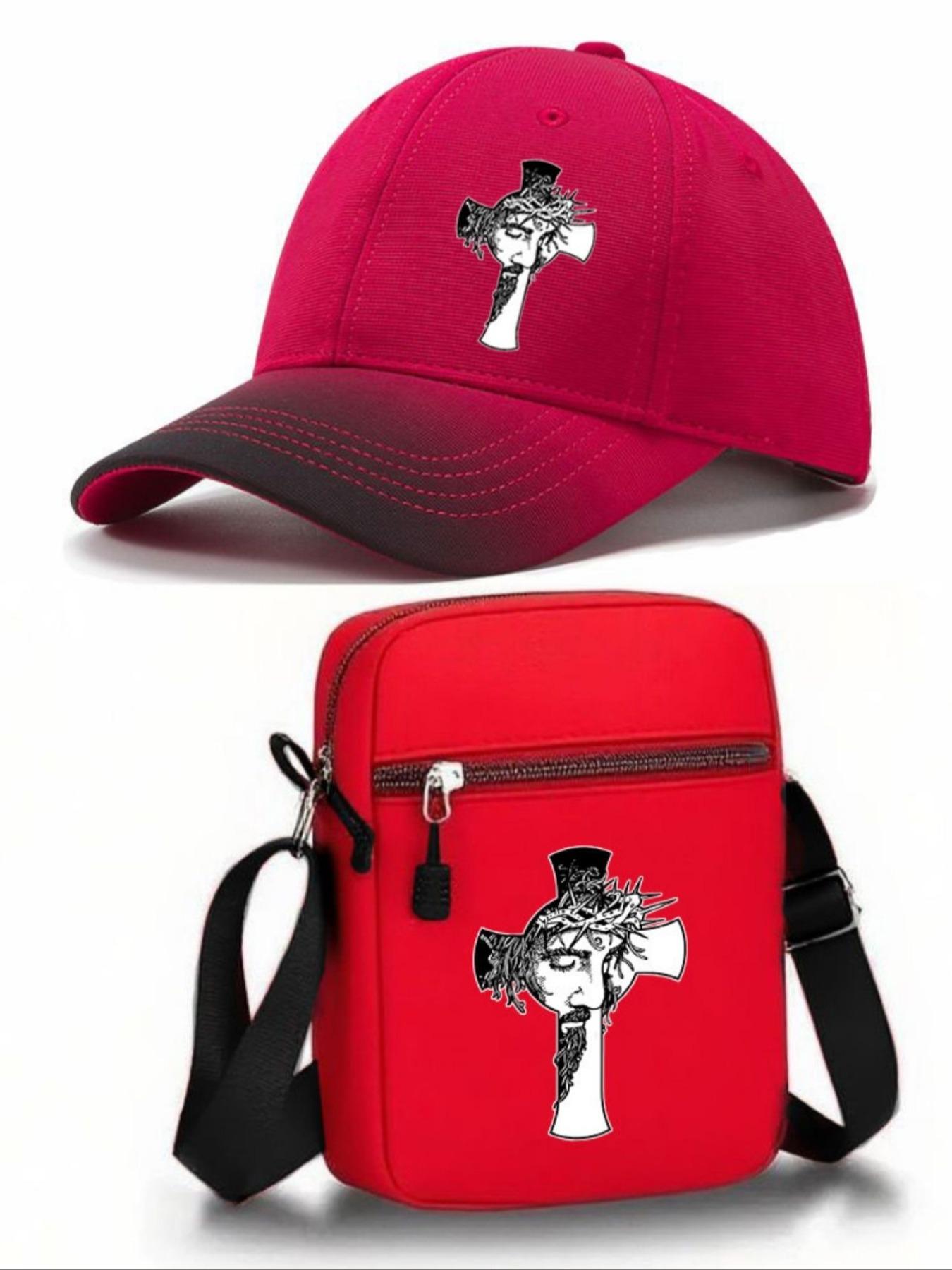 Jesus Cross Pattern Baseball Hat with Cross and Shoulder Bag Set, Adjustable Street Fashion, Unisex, All Seasons, Perfect for Daily Wear and Gifts