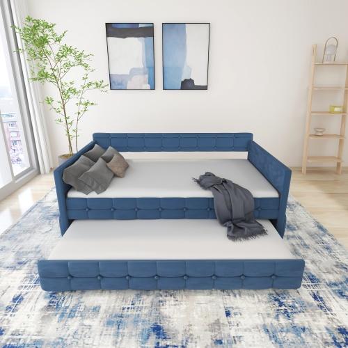 [Bellemave]Twin/BLUE UPHOLSTERED TWIN SIZE DAYBED WITH TRUNDLE, VELVET FABRIC, NO BOX SPRING REQUIRED, COMFORTABLE AND SIMPLE DESIGN MODELS