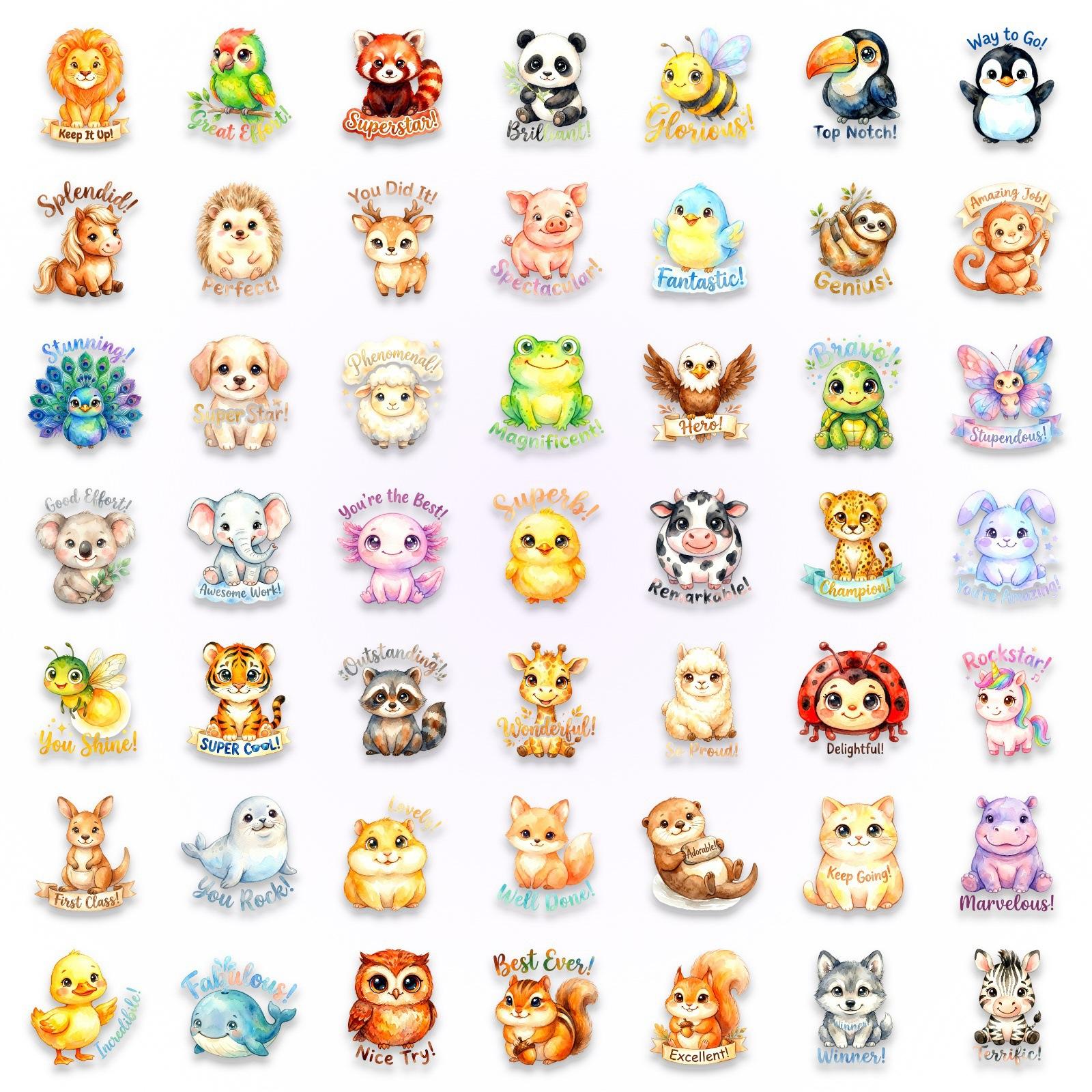 New 50 cute and adorable pet stickers  Inspirational slogan transparent PET sticker set, watercolor style children's reward decoration sticker