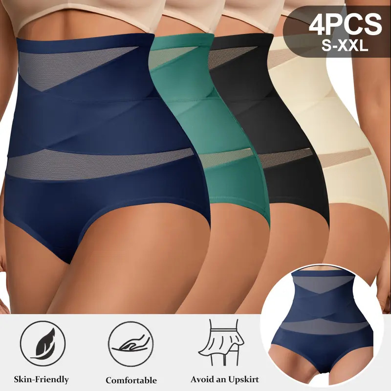 QUASTI Women's High-Waist Shapewear Underwear 4-Pack, Cross-Front Tummy Control Panties, Butt-Lifting Design, Elastane Fabric, Highly Elastic, Breathable Briefs, Skin-Friendly, Airy, Daily Wear, All-Season Wear Womenswear, S-XXL