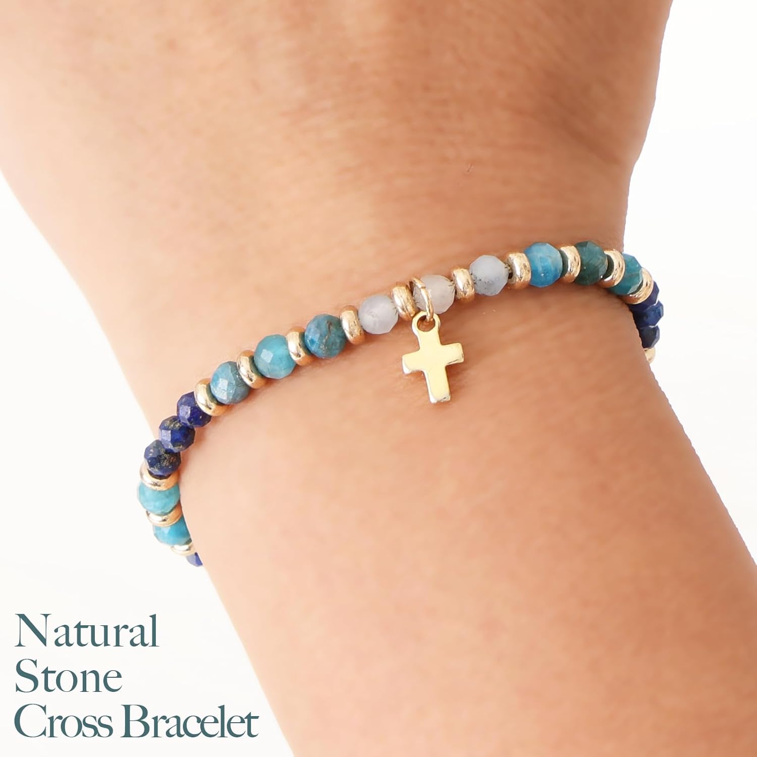 Bohemian natural stone cross bracelet, suitable for women, Christian faith jewelry, Christian religious cross natural stone bead bracelet with adjustable cord wrap, a meaningful gift for her.
