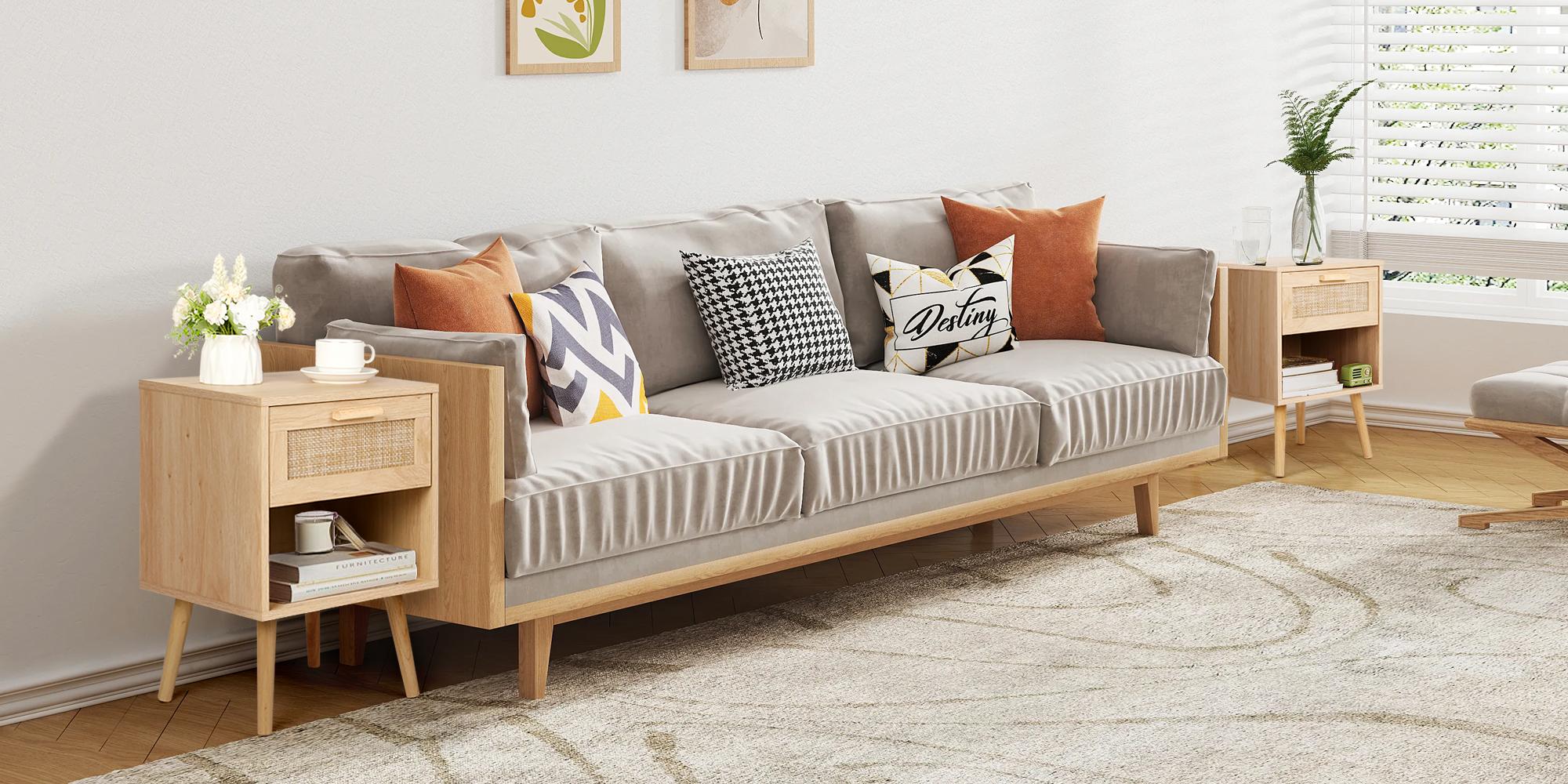 VOWNER Rattan Nightstand, Night Stands with Hand Made Rattan Decorated Drawer, Bedside Table Boho End Tables Side Tables with Storage Shelf, for Bedroom