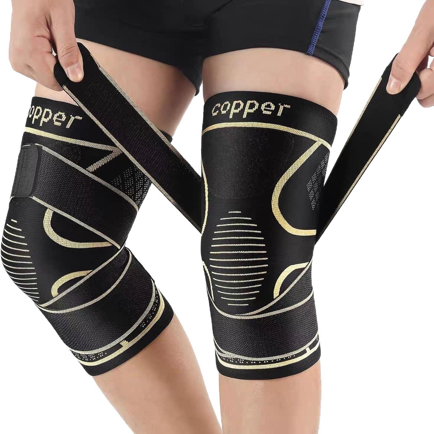 Copper Knee Brace with Strap, Compression Sleeve for Knee Support & Stability, Modern Design Durable Nylon-Blend Knee Compression Wrap, Sports Knee Brace, Knee Supporter, Patellar Knee Brace, Knee Saver, Knee Wraps, Knee Stabilizer, Knee Brace Stabilizers