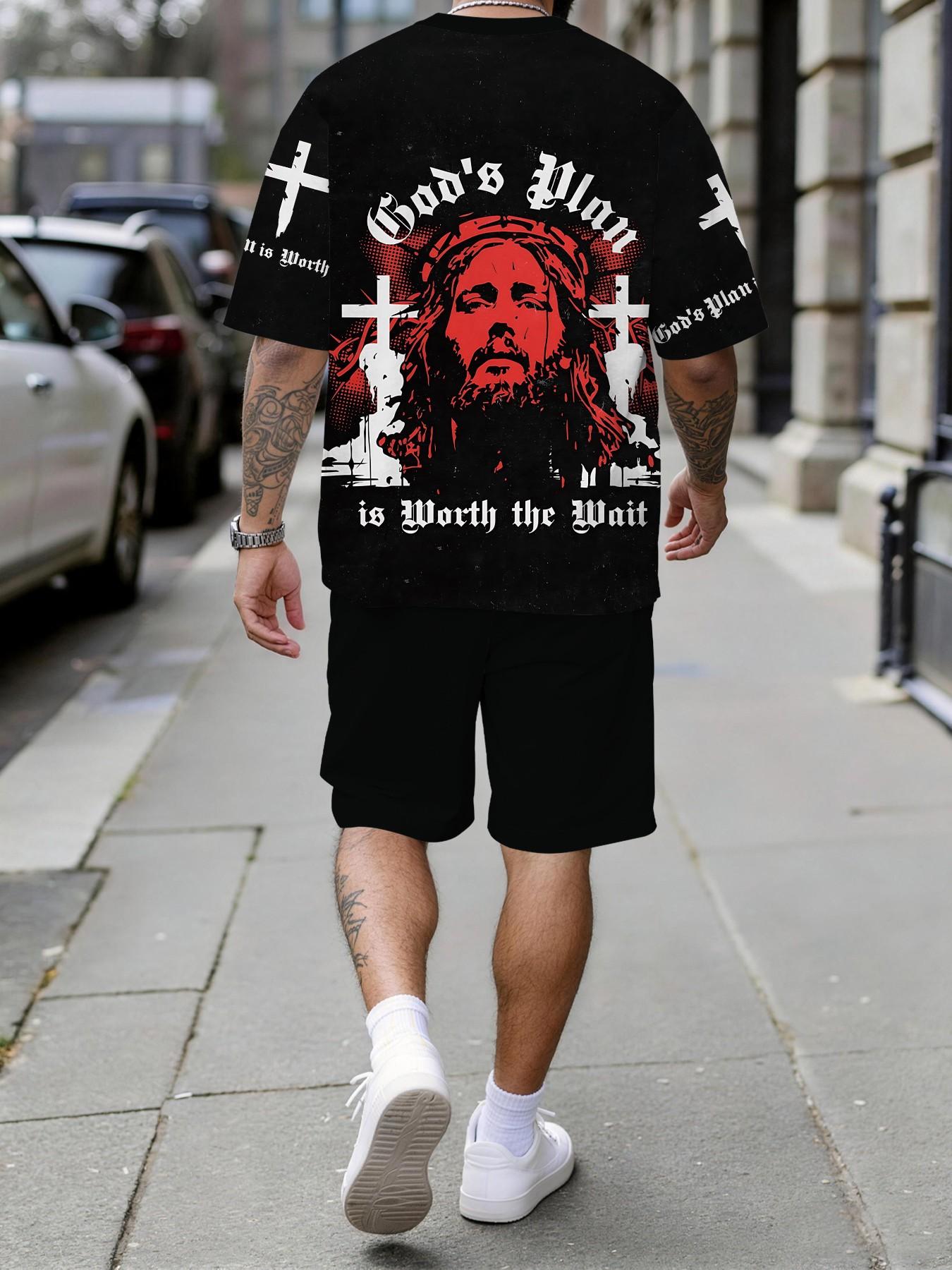 Men's 3D Digital Print Two-Piece Set, Religious Style Jesus Cross Red and Black Print Trendy Men's Set, Vacation Style Trendy Outfit, Breathable Sports Leisure Style, Perfect Holiday Gift for Men