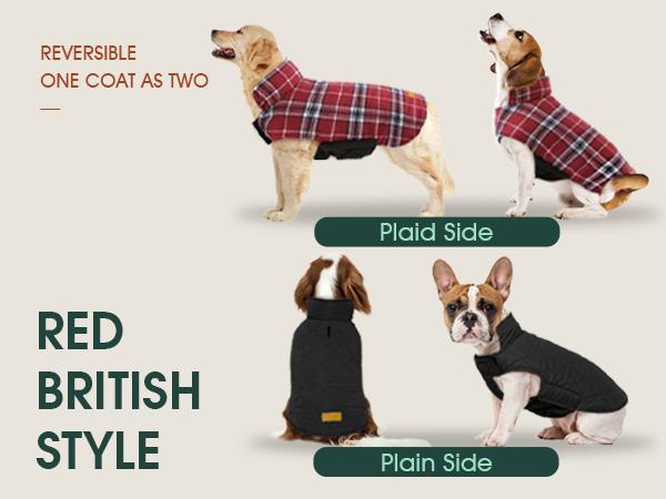 Kuoser Warm Dog Coat, Reversible Dog Jacket Waterproof Dog Winter Coat British Style Plaid Dog Clothes Pet Dog Cold Weather Coats Cozy Snow Jacket Vest for Small Medium Large Dogs
