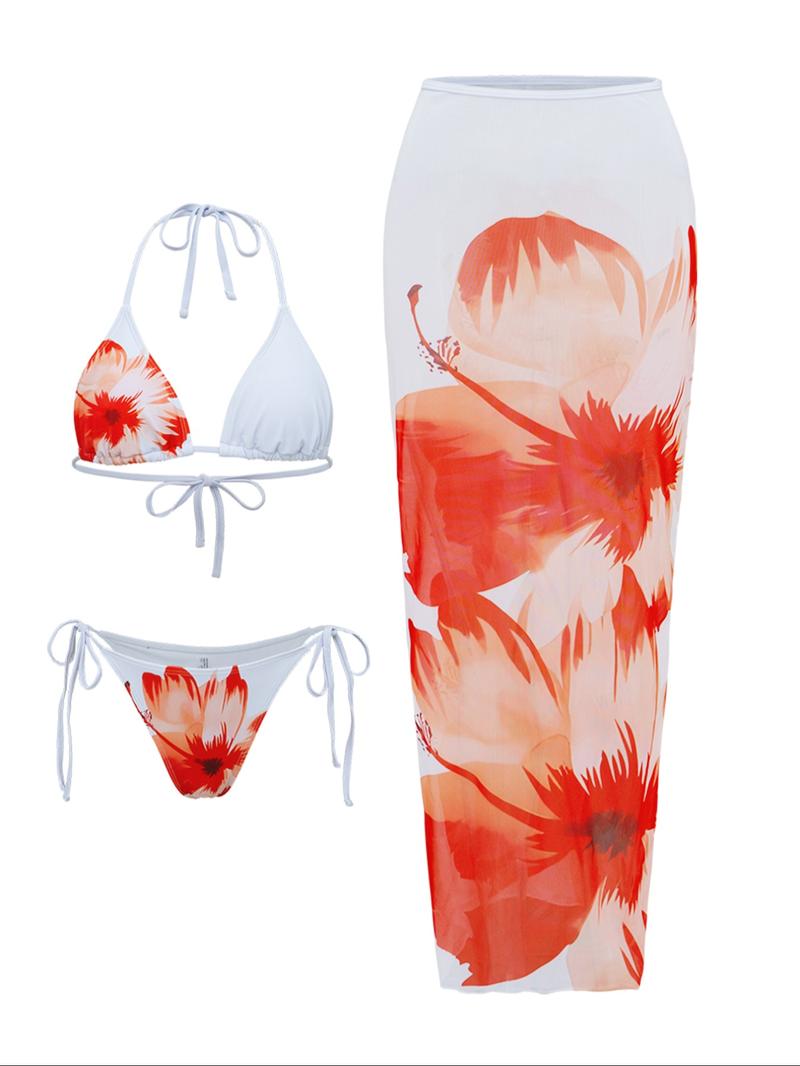 Women's Floral Print Halter Bikini Set, Casual Tie Back Contrast Mesh Swim Top & Tie Side Swim Bottom & Cover Up Skirt Set, Ladies Swimsuit for Beach Holiday Vacation, Floral Print Bikinis