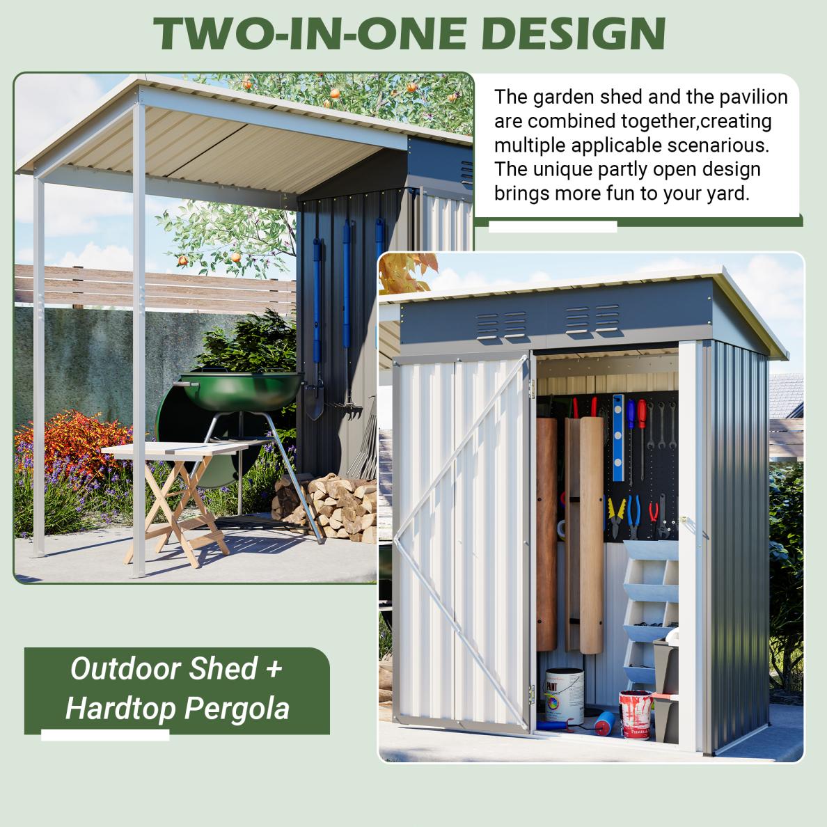 Stable 5x3 ft Rectangle 2-in-1 Dual-Purpose Steel Frame Garden Shed & Gazebo Combo, Corrosion-Resistant Weatherproof Storage, Reinforced Frame Sheltered Space with Sloped Roof, Lean-To, Open Pergola Cover, Fire Safety Label for Backyard, Assembly Required