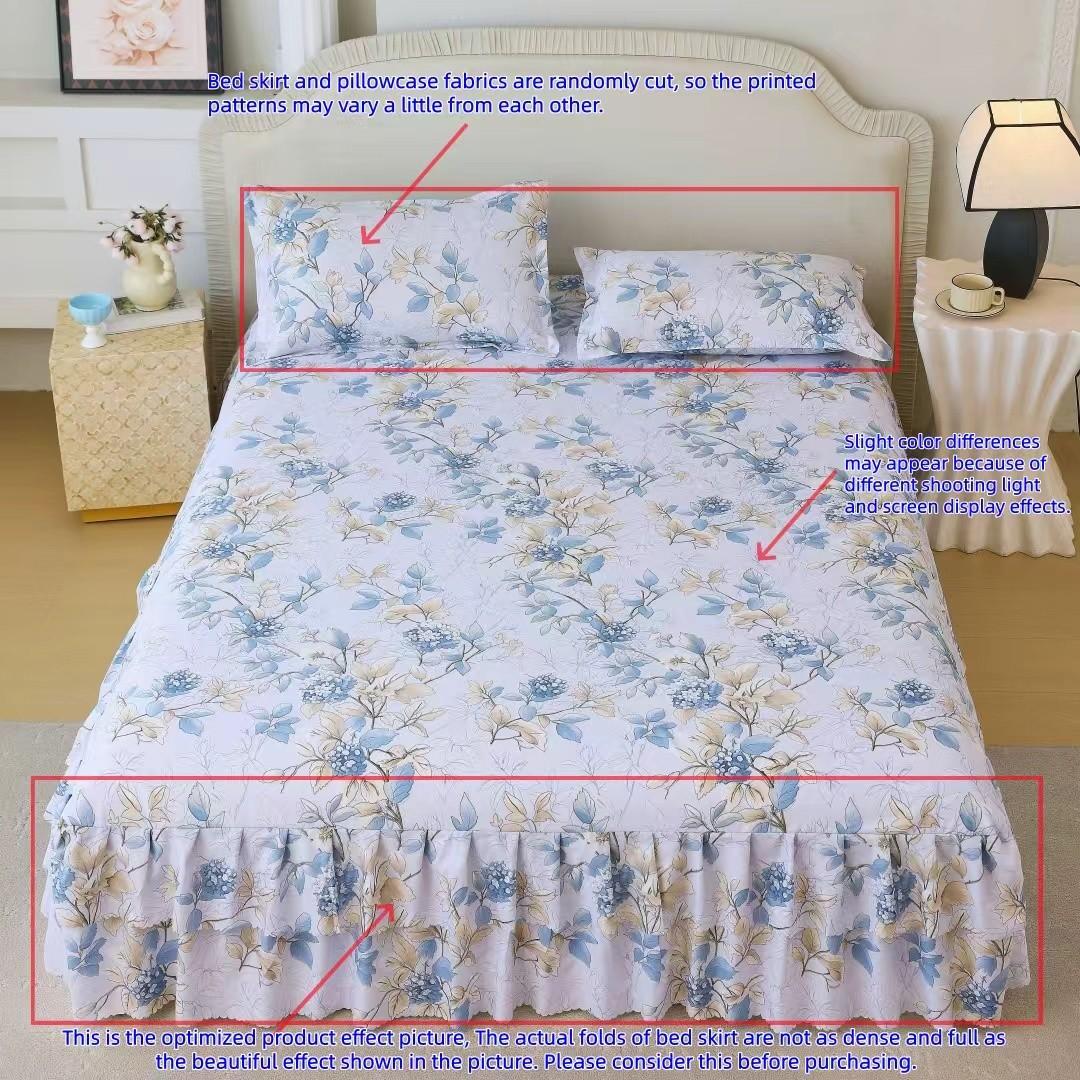 Floral Print Ruffled Edge Bed Skirt Set, 3 Counts/set Including 1 Bed Skirt & 2 Pillowcases without Filler, Comfy Bedding Set for Home Bedroom, All Seasons, Bedroom Decor, Christmas Gift
