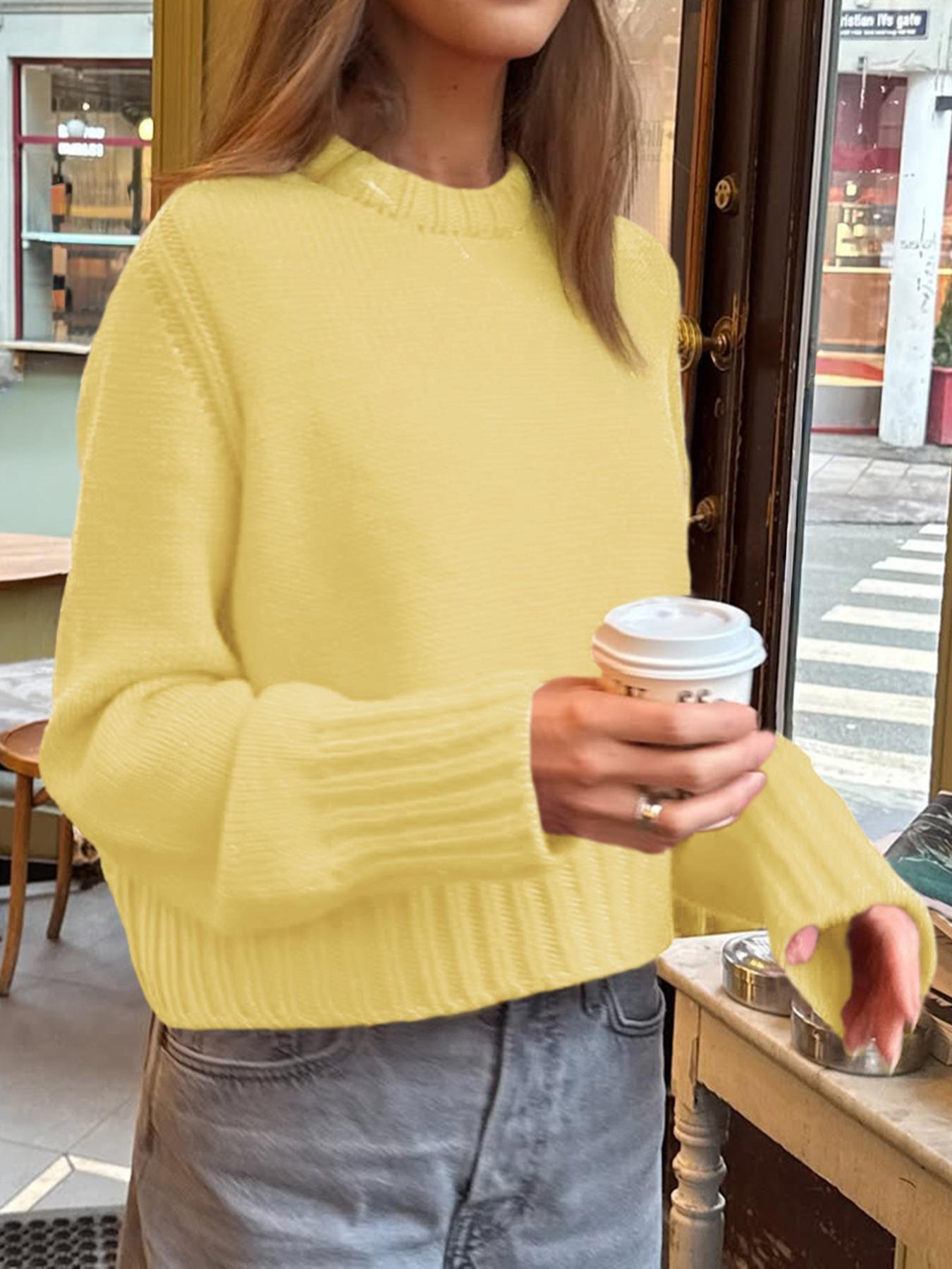 Pure Color Casual Round Neck Sweater Knitwear, Daily Commute Style, Thin Fabric,  Fall & Winter Wear, Women's Fashion