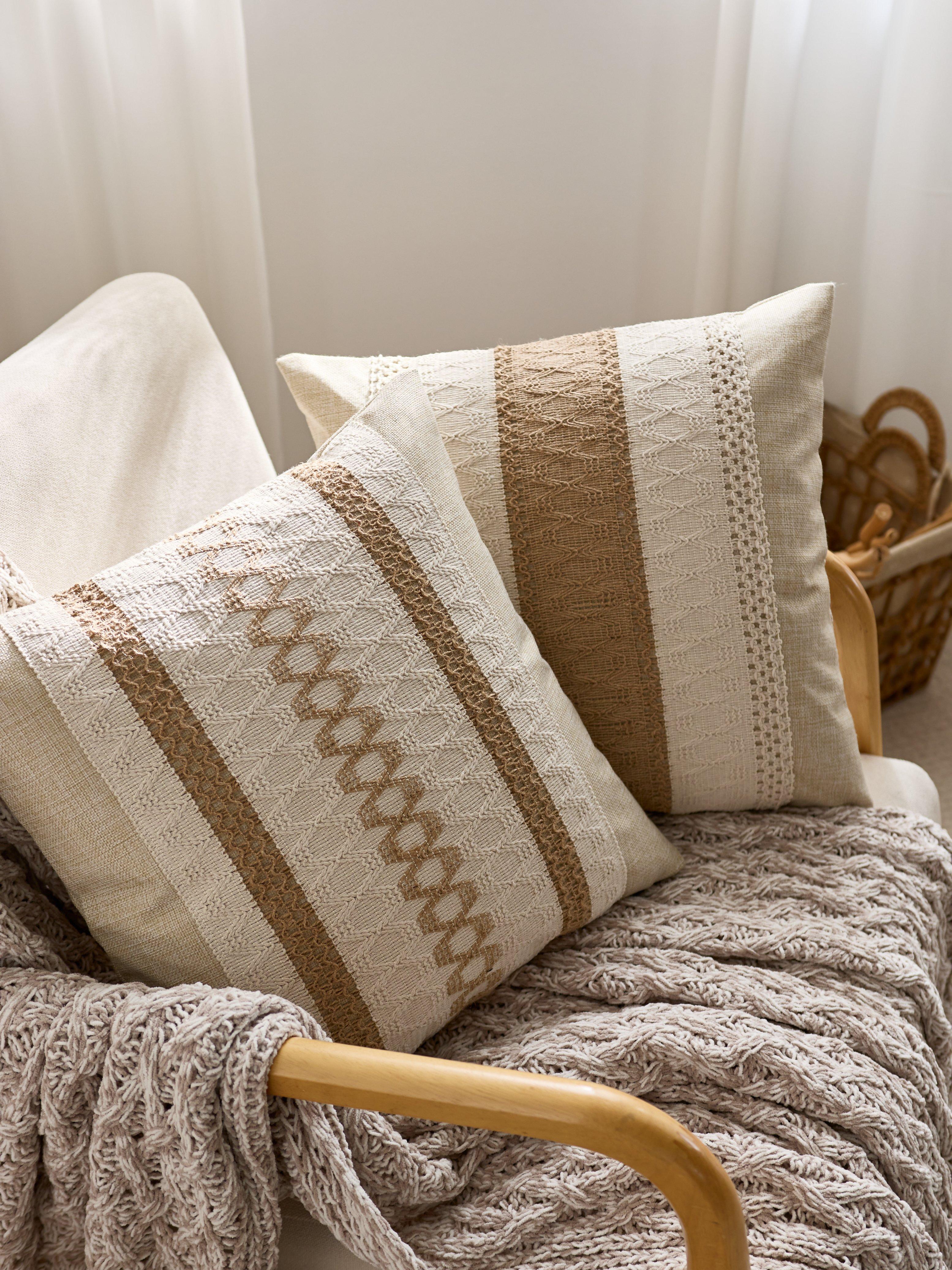 DRAGUE Boho Throw Pillow Covers, 17.7x17.7 in Set of 2 Beige Brown Farmhouse Textured Embroidered Striped Cushion Covers for Couch, Bedroom Home Decor (No Inserts Included)