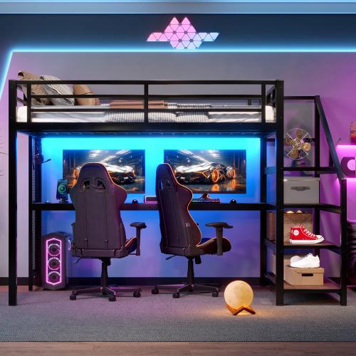 [Bellemave]Full /Queen Loft Bed with Desk and Storage Stairs, Metal Loft Beds with LED Lights, USB Ports, Multifunctional Iron Nets, No Spring Box Needed and Noise-free, Black