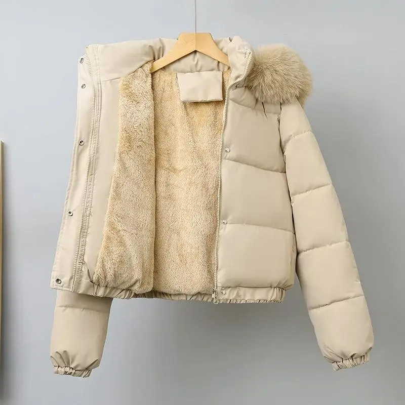 Women's Winter Short Parkas Cotton-Padded Thickened Velvet-Lined Outerwear with Fur Collar Removable Hooded Warm Coats