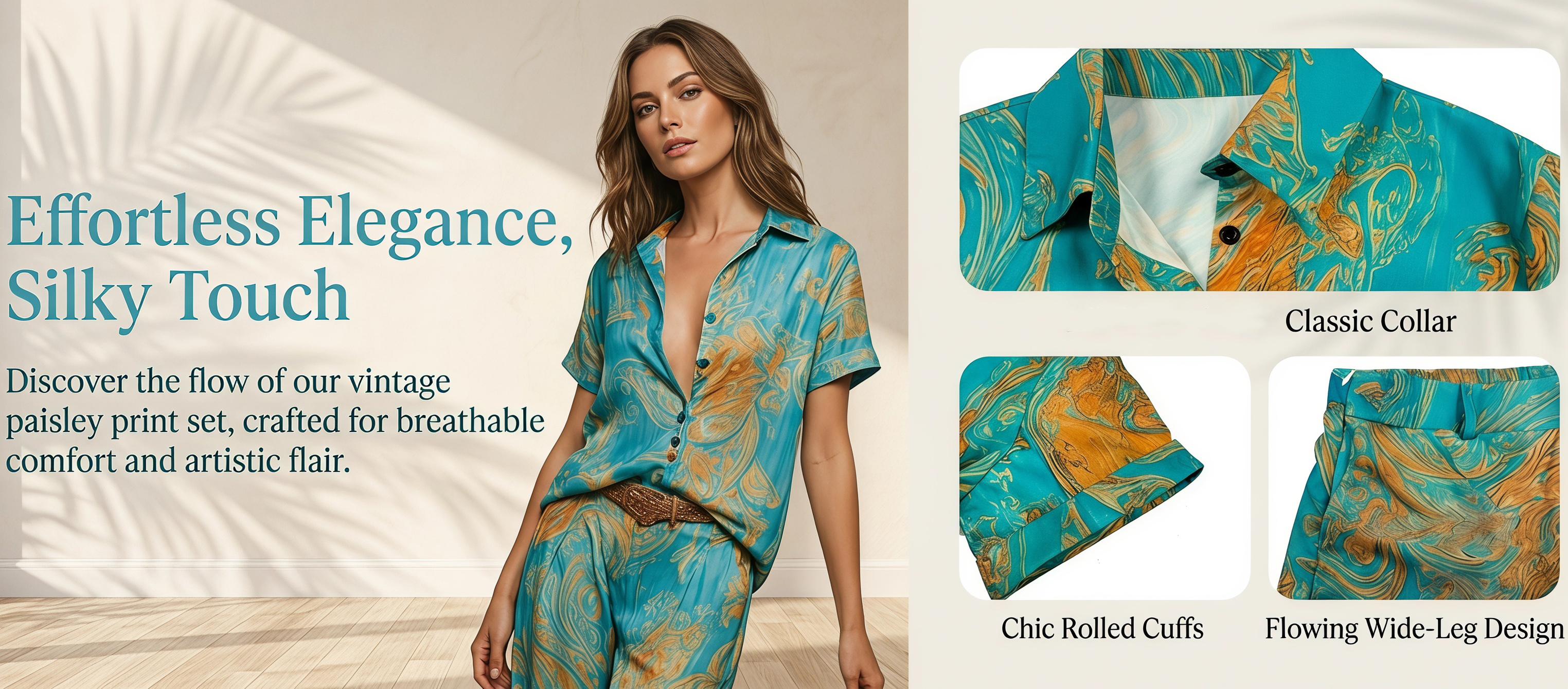 Casual Vacation Style Random Print Collared Shirt Top and Straight Leg Pants with Pockets, No Belt Included, Perfect for Daily Outings