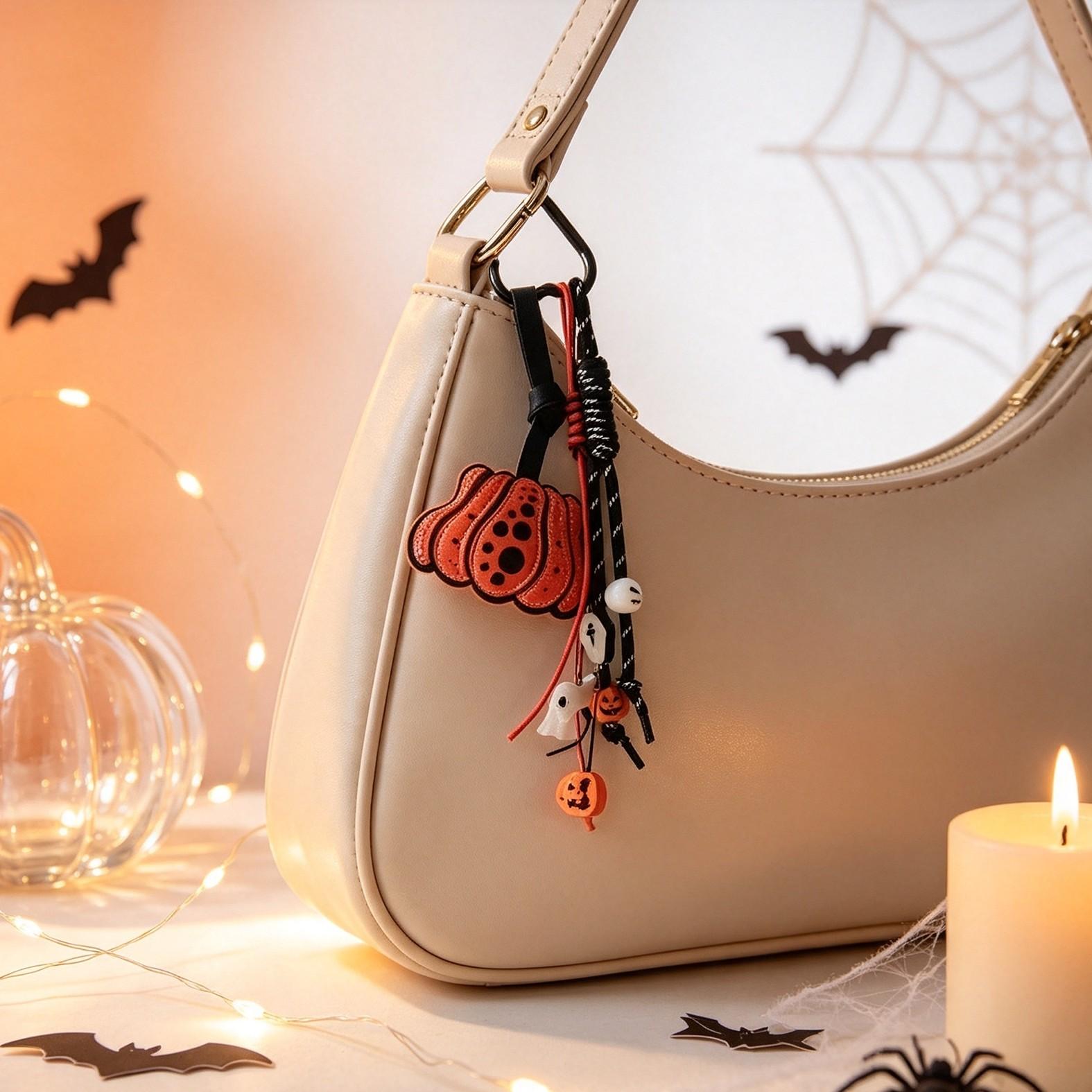 Halloween Pumpkin Bag Charm Keychain, Cute Ghost Spider Web Pendant, Spooky Leather Carabiner, Gothic Trick or Treat Accessory