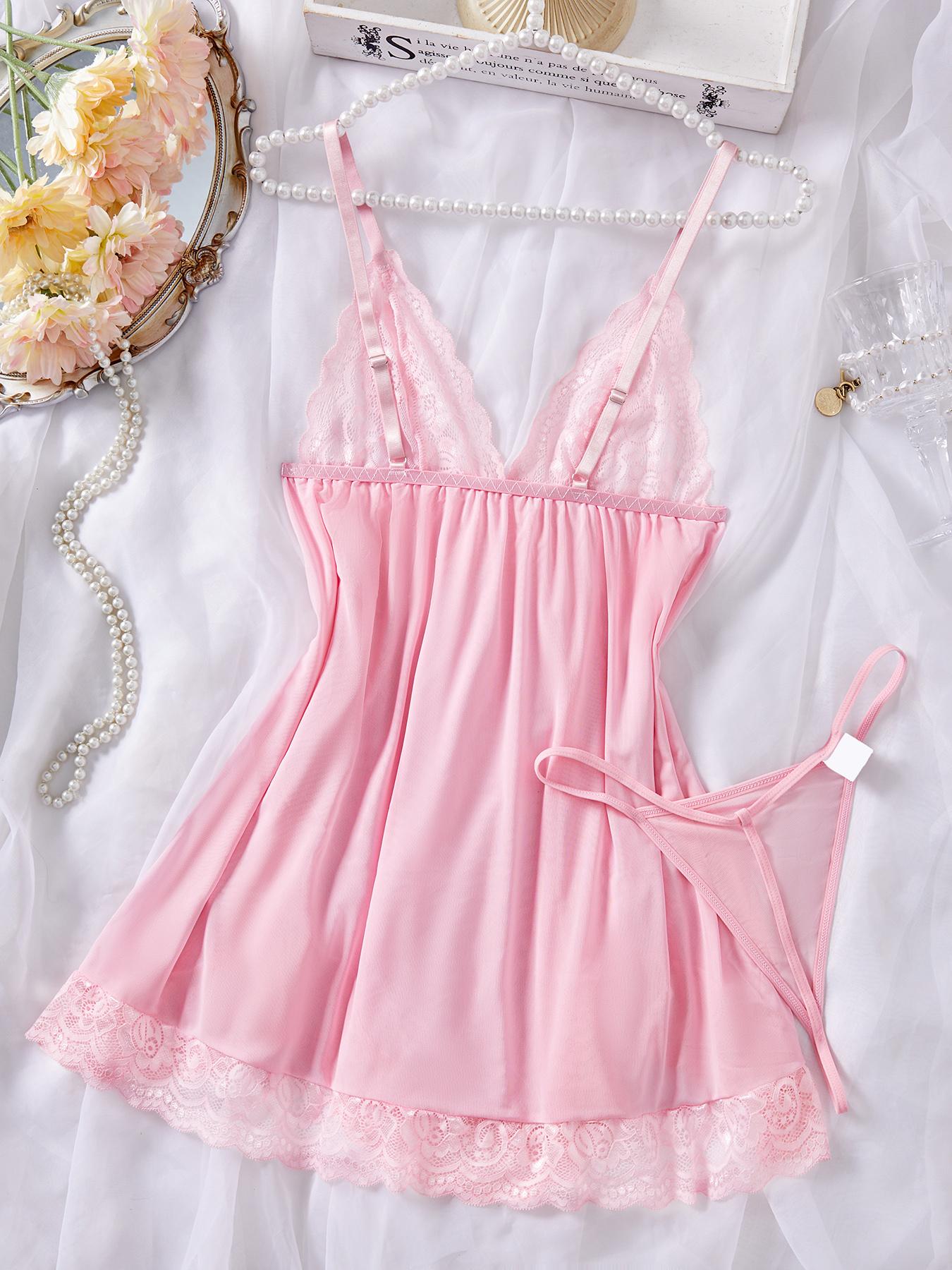 Women's Sexy Lace Nightdress, V Neck Backless Asymmetrical Hem Spaghetti Strap Sleepwear, Comfortable Sleeping Gown with Free Panties, Lace Cami Nightdress