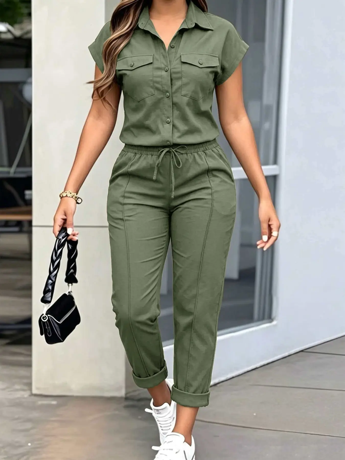 American Vintage Workwear Overalls Jumpsuit, Lapel Button Closure, Sleeveless High Waist Slimming Casual Nine-Part Dress, Comfortable and Stylish