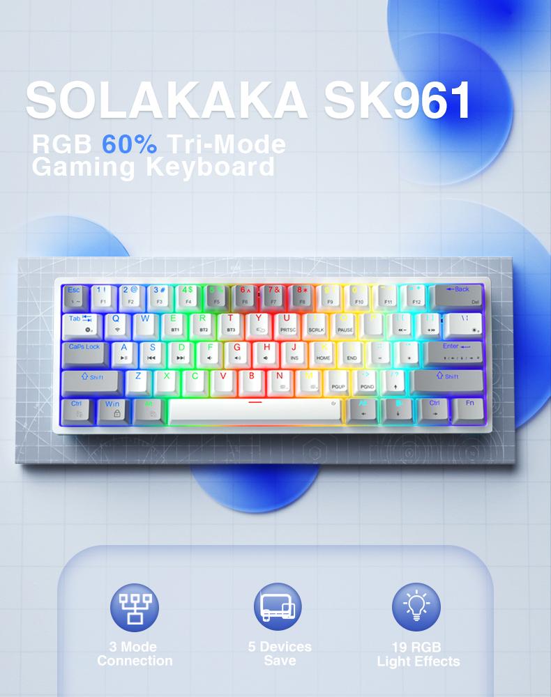 Solakka SK961 wireless mechanical keyboard, 60% keyboard, three-mode connection RGB backlight, programmable wireless gaming keyboard, gaming office, birthday gift FallFreshness