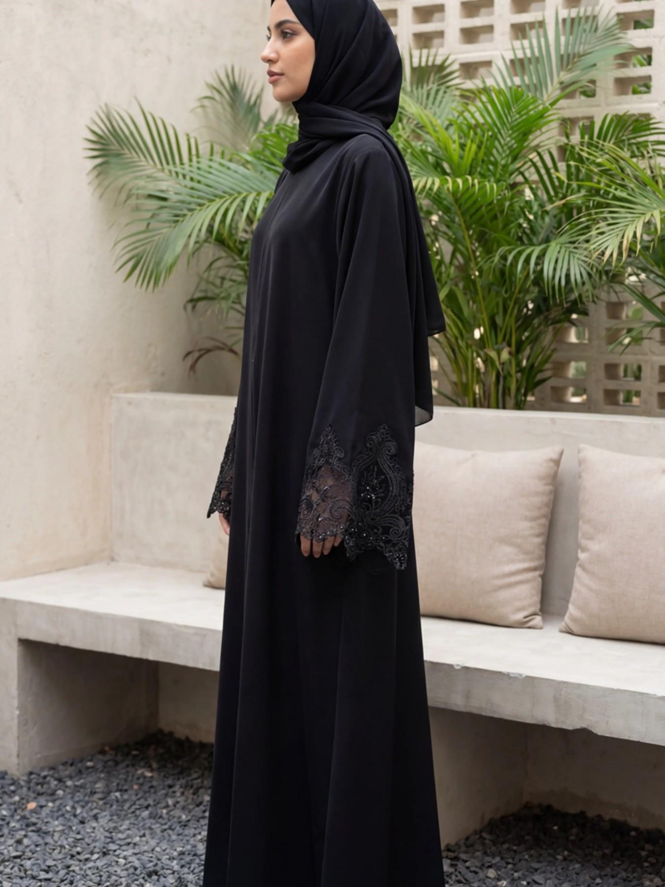 Elegant Hand Embroidered Lace Modesty Belted Abaya Dress, Simple Fashionable One-Piece for Daily Wear, Casual Prayer