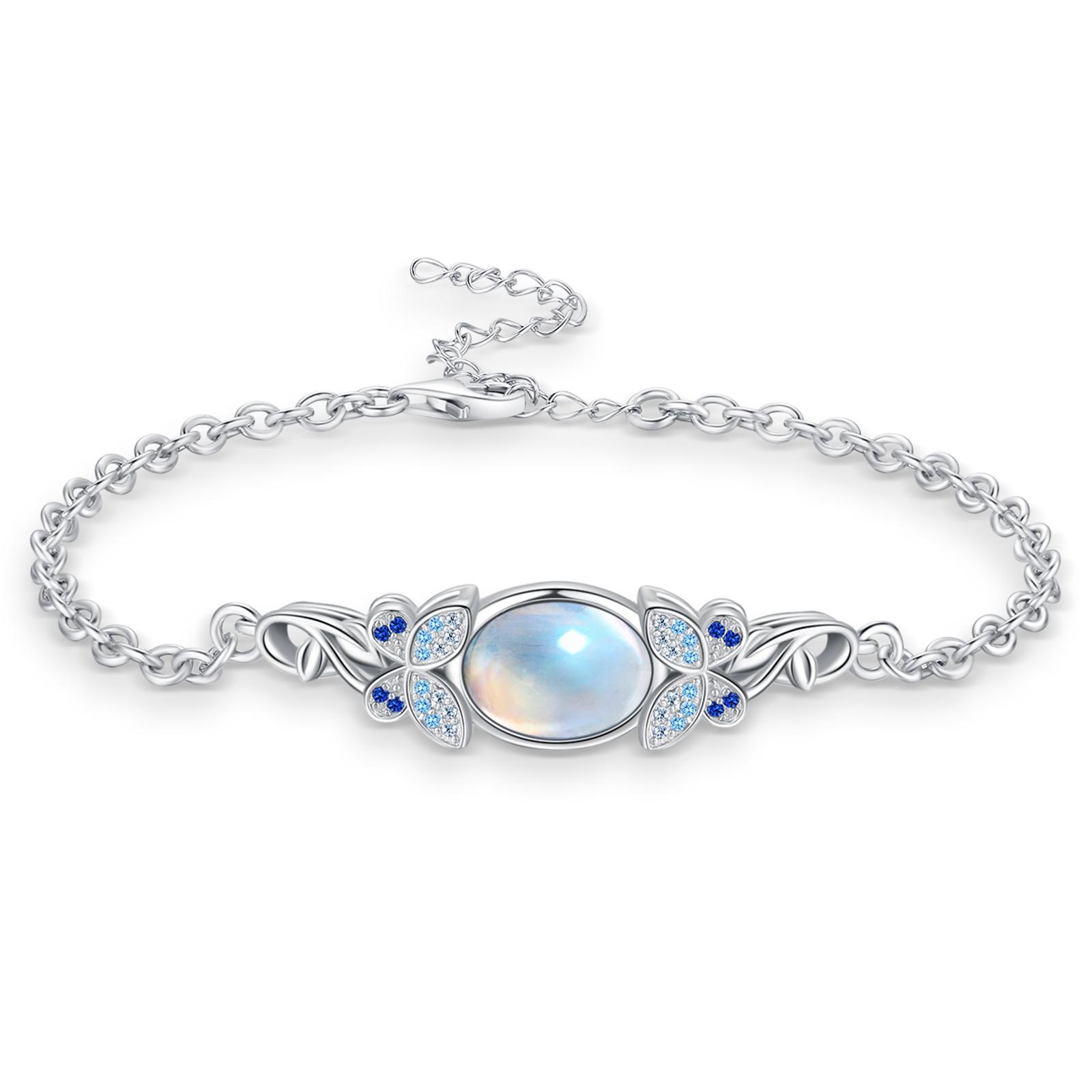 DRINSPER 925 Sterling Silver Bracelet with Moonstone & Butterfly Design CZ Decor, 2024 Summer Fashion Charming Butterfly Design Artificial Gemstone with Beautiful Moonstone Bracelet, Elegant Silver Bracelet for Women Girls
