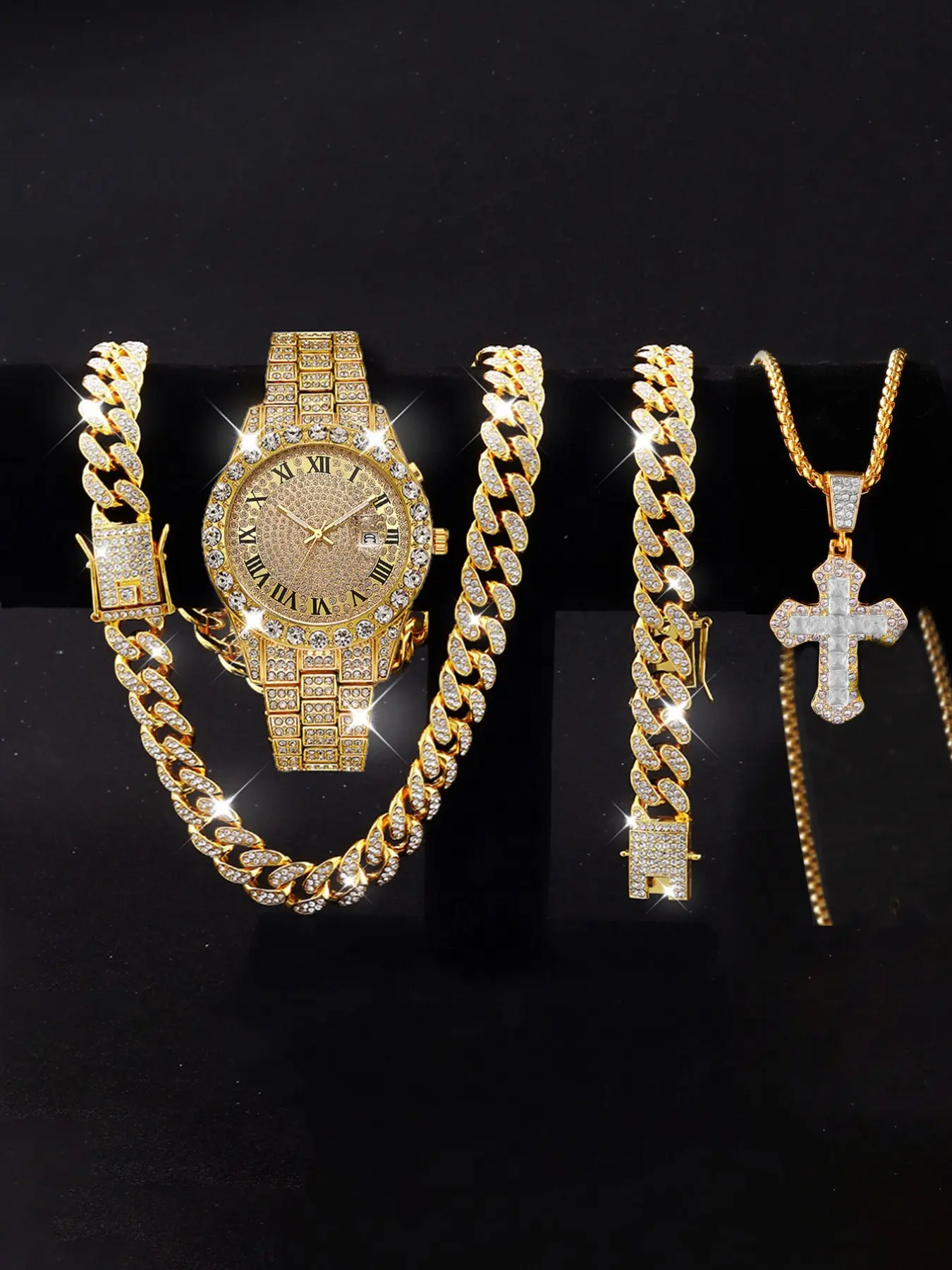 Luxury Punk Style Watch Set, Includes Necklace, Bracelet, Cross Pendant, Quartz Analog Movement, Calendar, Perfect Birthday Gift, Bling Matching Set